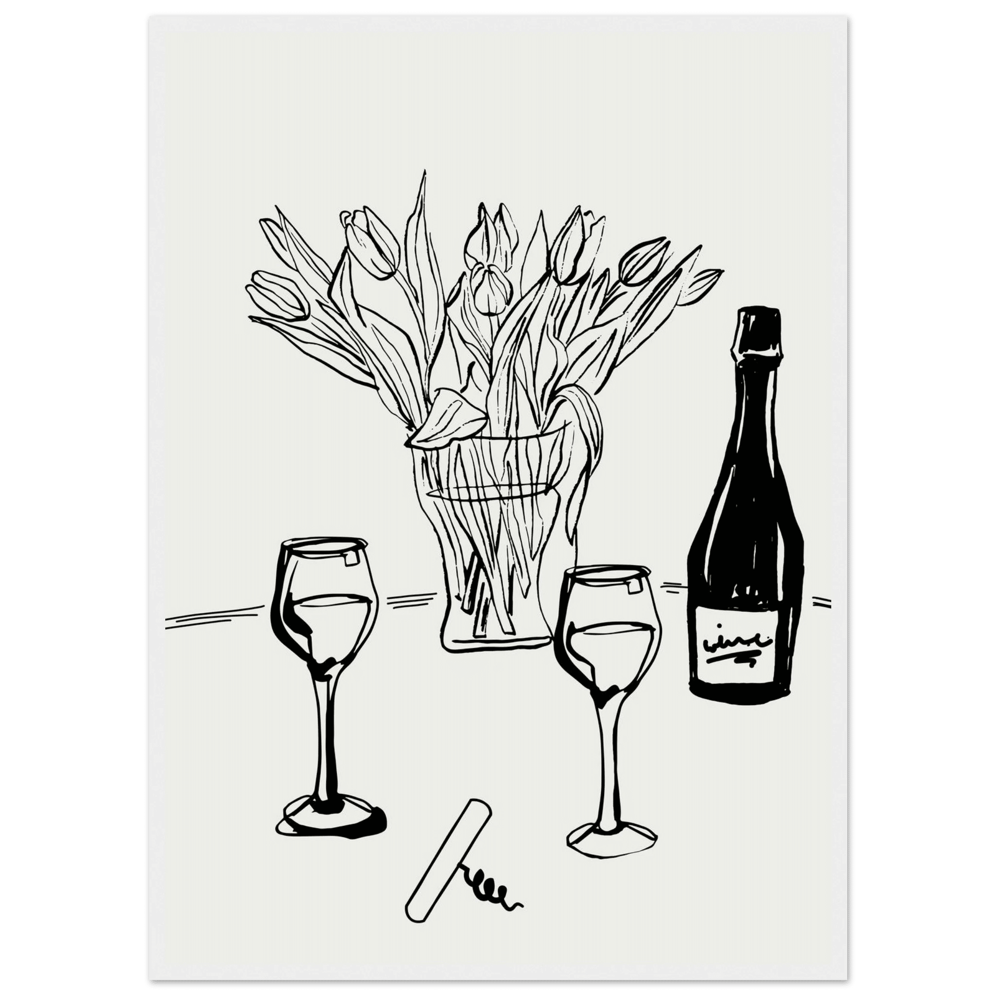 Wine & Tulips Print | Black Line Art Wine Bottle Wall Art | Minimalist Kitchen Poster - Evergreen Posters