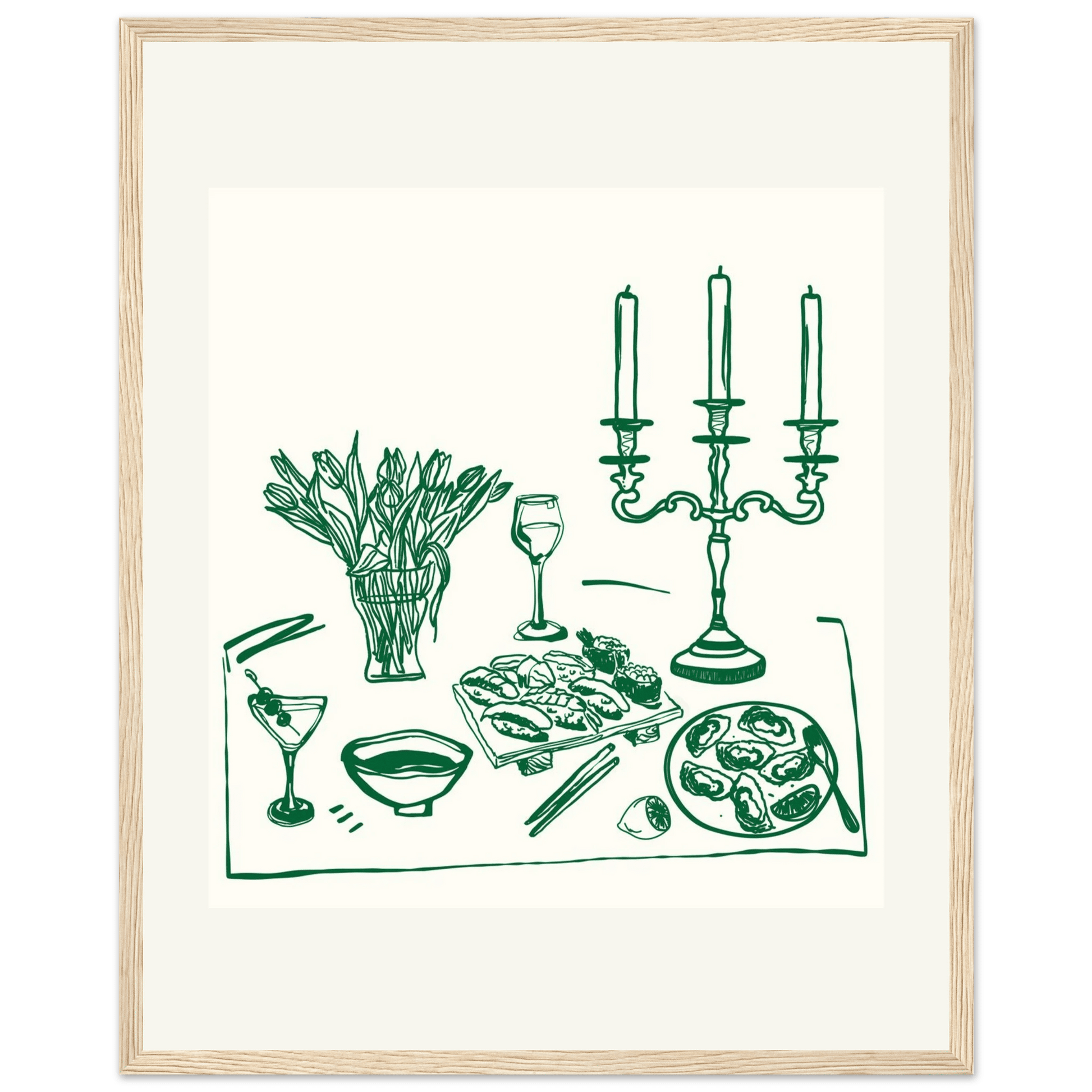 Fine Dining Table Print | Green Line Art Kitchen Wall Art | Elegant Dining Room Poster - Evergreen Posters