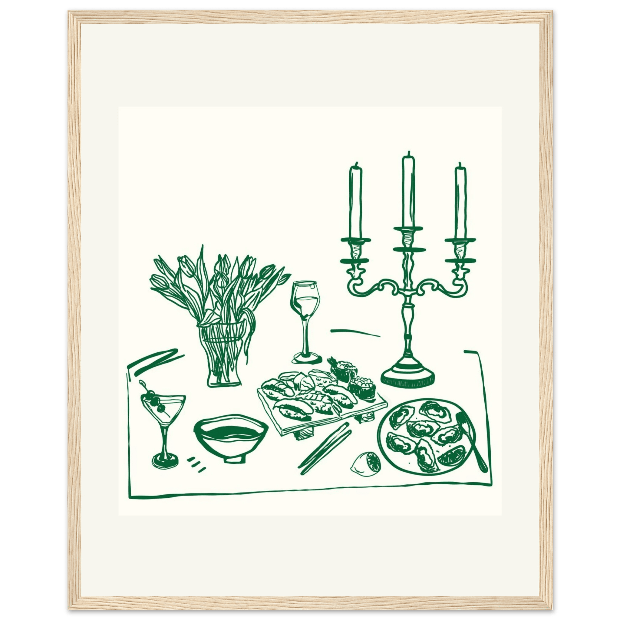 Fine Dining Table Print | Green Line Art Kitchen Wall Art | Elegant Dining Room Poster - Evergreen Posters