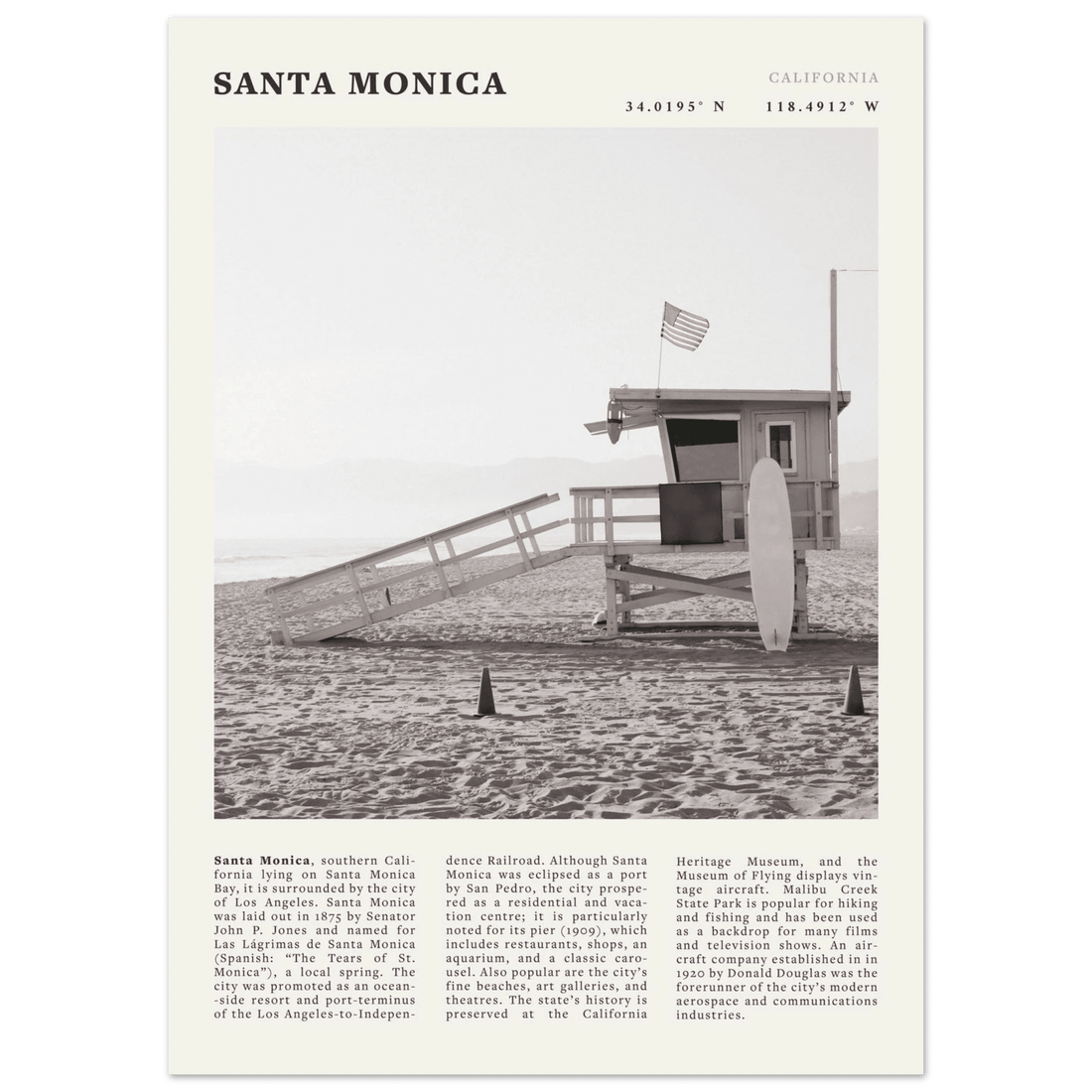 Santa Monica Poster | Black & White California Wall Art | Beach Travel Print | Coastal Decor - Evergreen Posters
