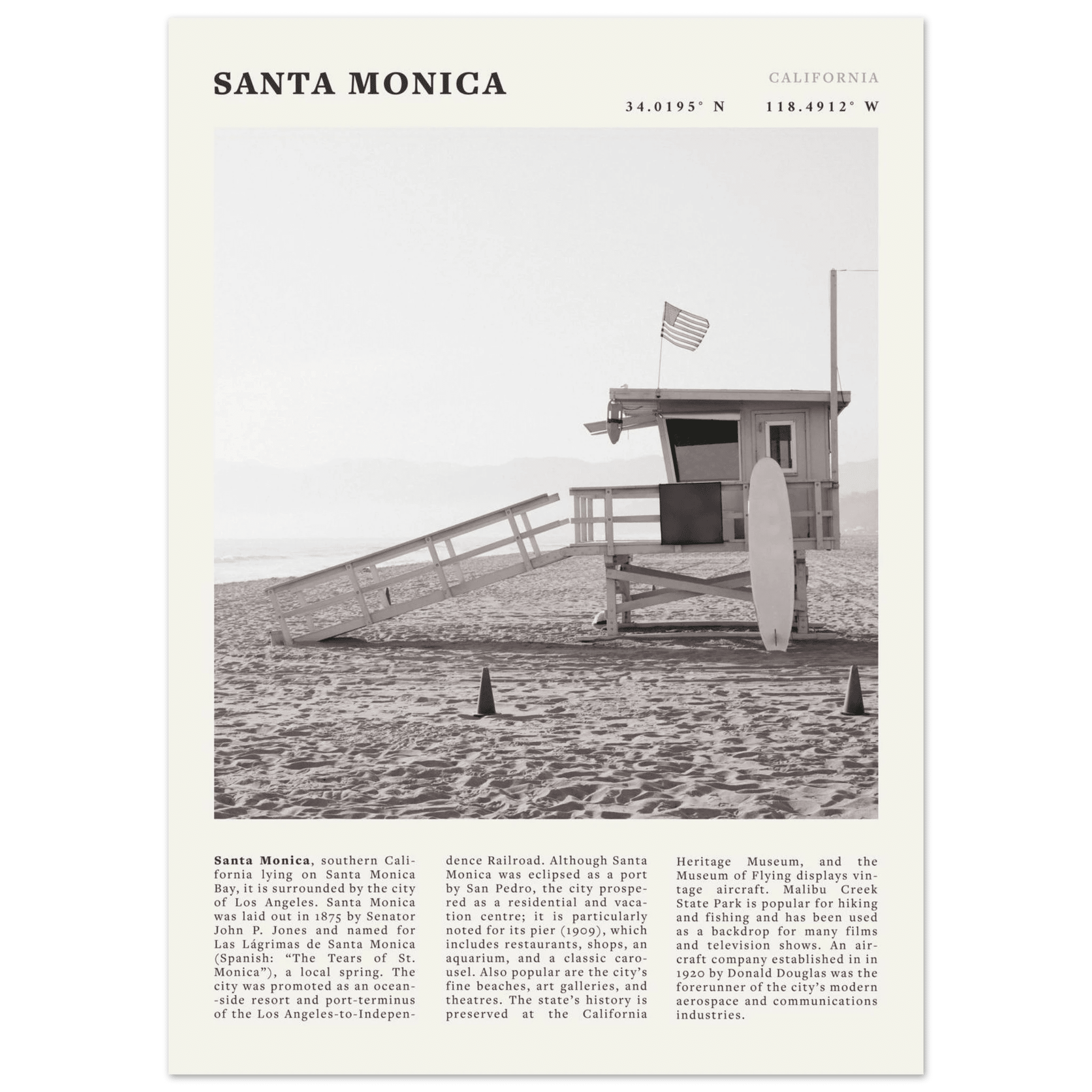 Santa Monica Poster | Black & White California Wall Art | Beach Travel Print | Coastal Decor - Evergreen Posters