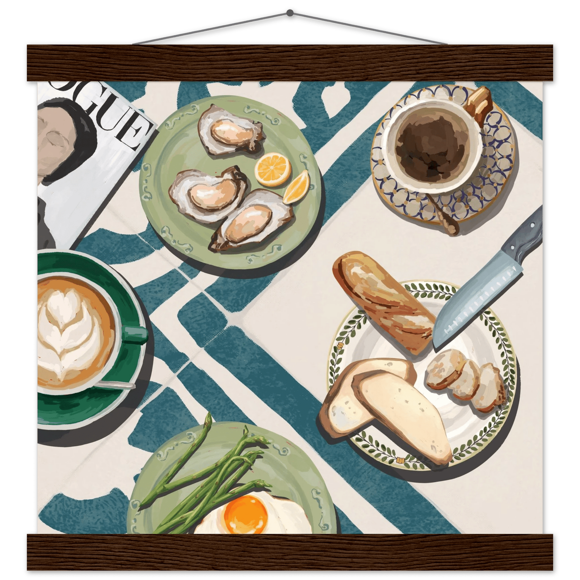 Oysters & Vogue Brunch Poster | Luxury Kitchen Wall Art | Blue Tile Square Print - Evergreen Posters - 23