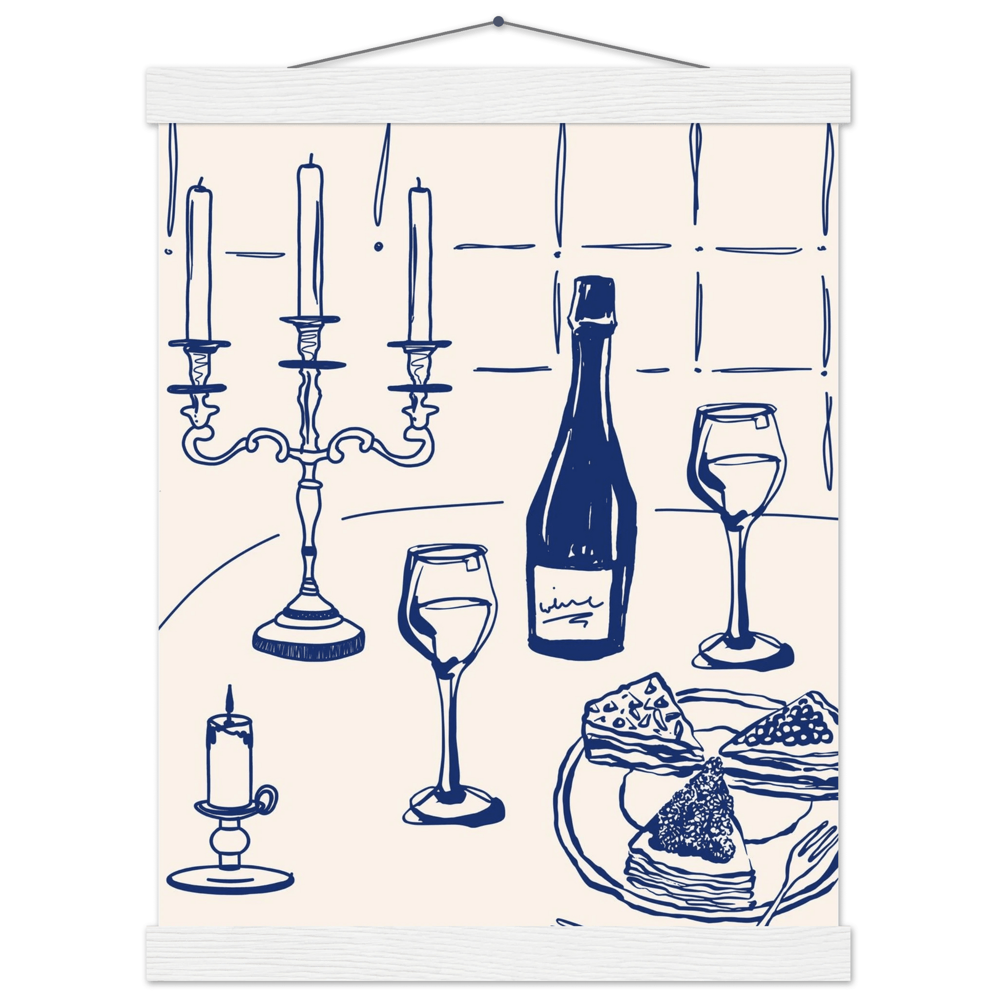 Candlelight Dinner Print | Navy Blue Wine & Candelabra Line Art | Kitchen Poster - Evergreen Posters