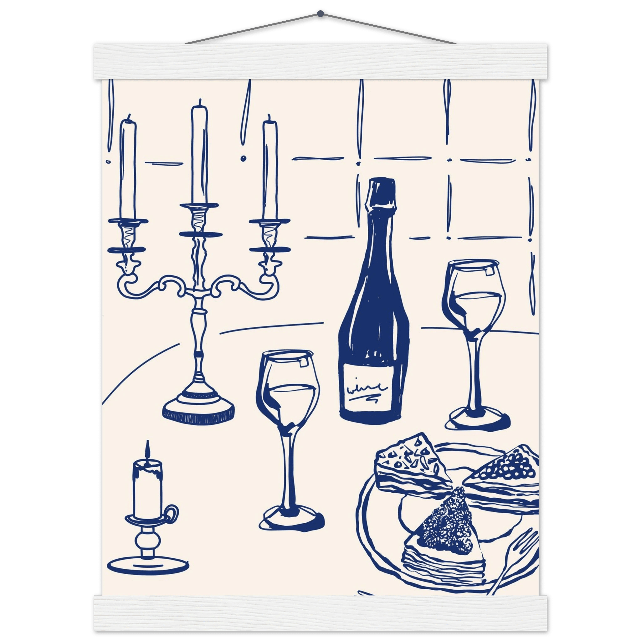 Candlelight Dinner Print | Navy Blue Wine & Candelabra Line Art | Kitchen Poster - Evergreen Posters