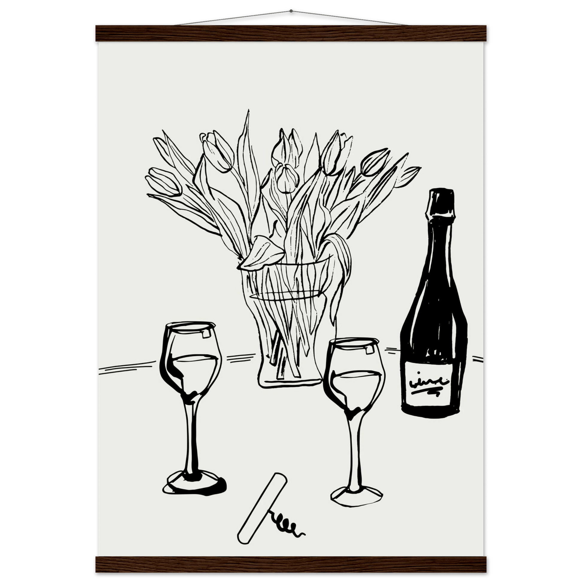 Wine & Tulips Print | Black Line Art Wine Bottle Wall Art | Minimalist Kitchen Poster - Evergreen Posters