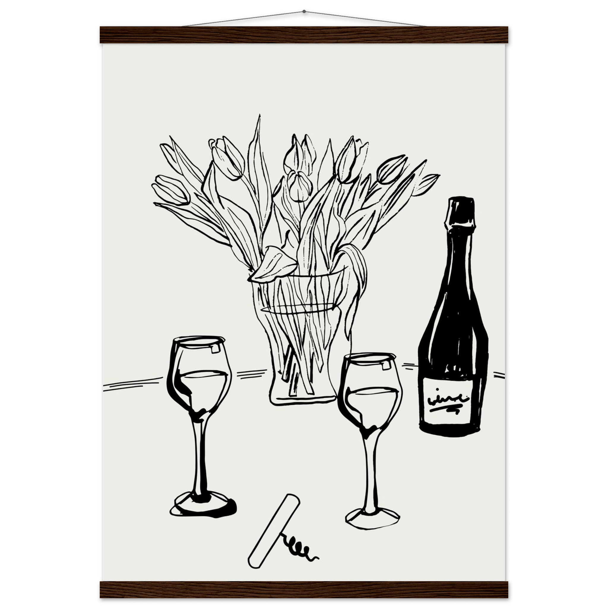 Wine & Tulips Print | Black Line Art Wine Bottle Wall Art | Minimalist Kitchen Poster - Evergreen Posters