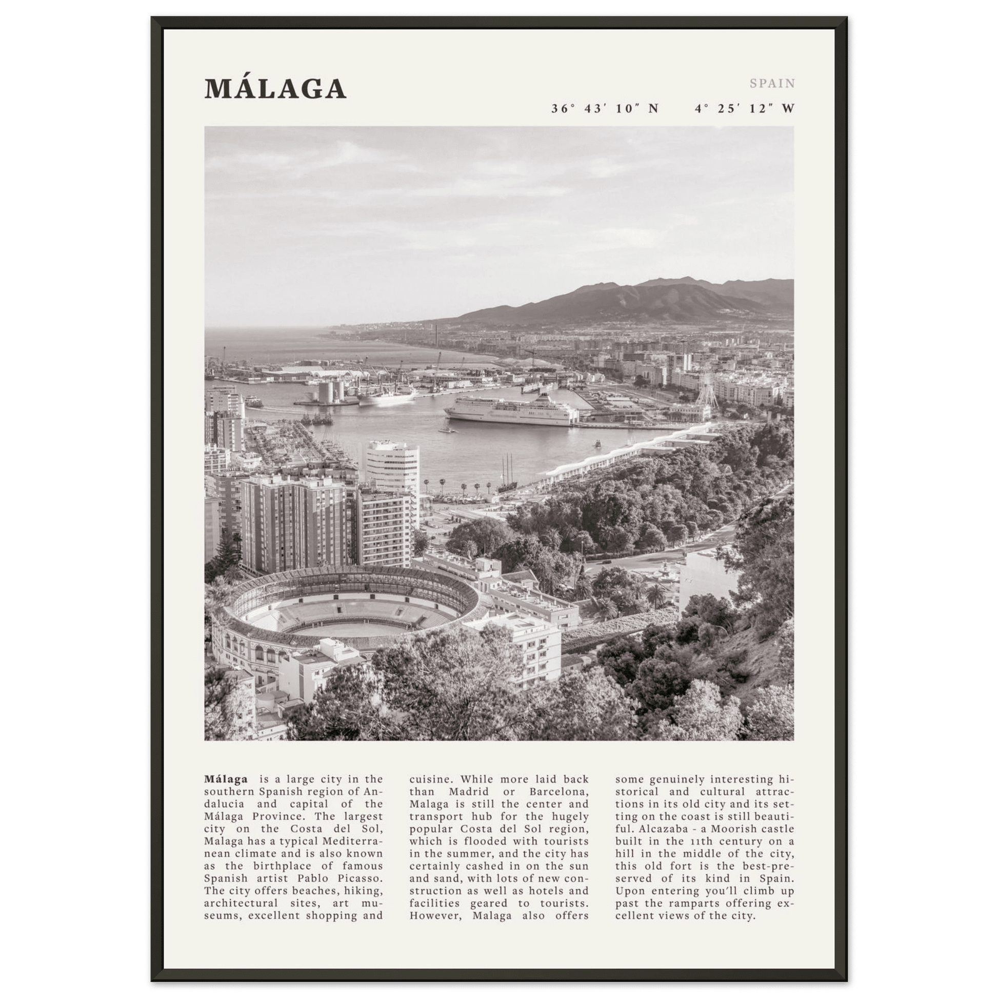 Málaga Poster | Black & White Costa del Sol Wall Art | Spain Travel Print - Evergreen Posters