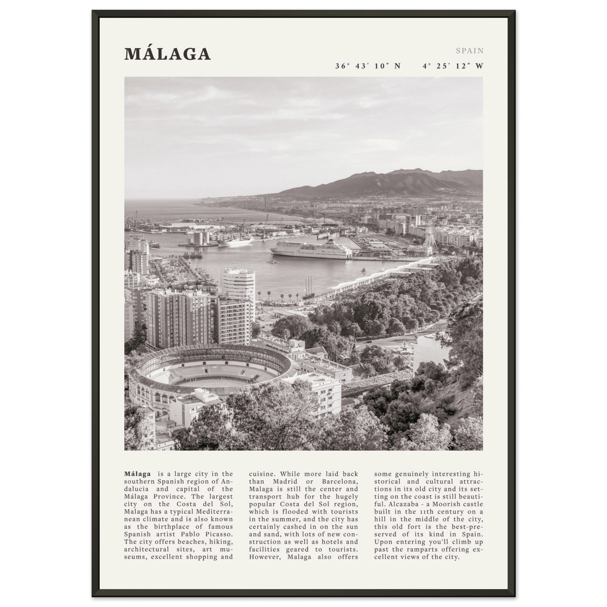 Málaga Poster | Black & White Costa del Sol Wall Art | Spain Travel Print - Evergreen Posters