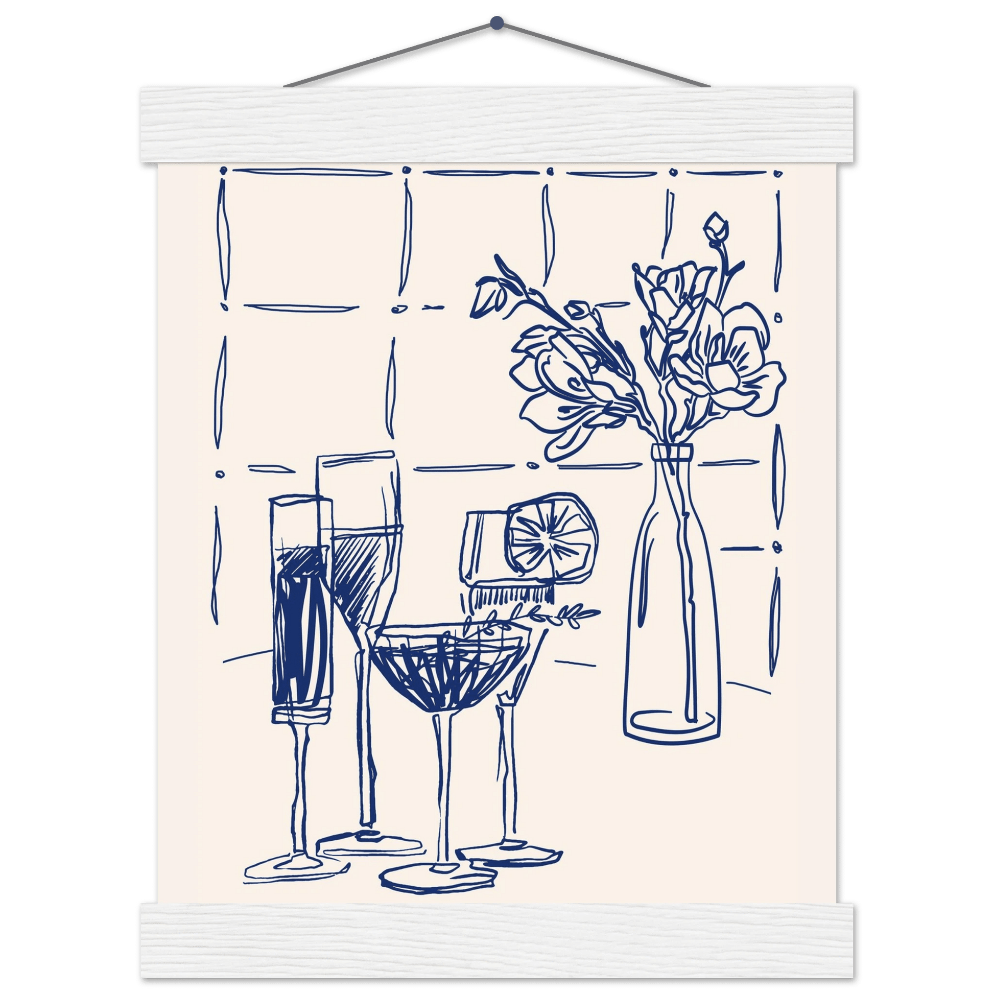 Cocktails & Flowers Print | Navy Blue Line Art Drinks Wall Art | Kitchen Bar Poster - Evergreen Posters