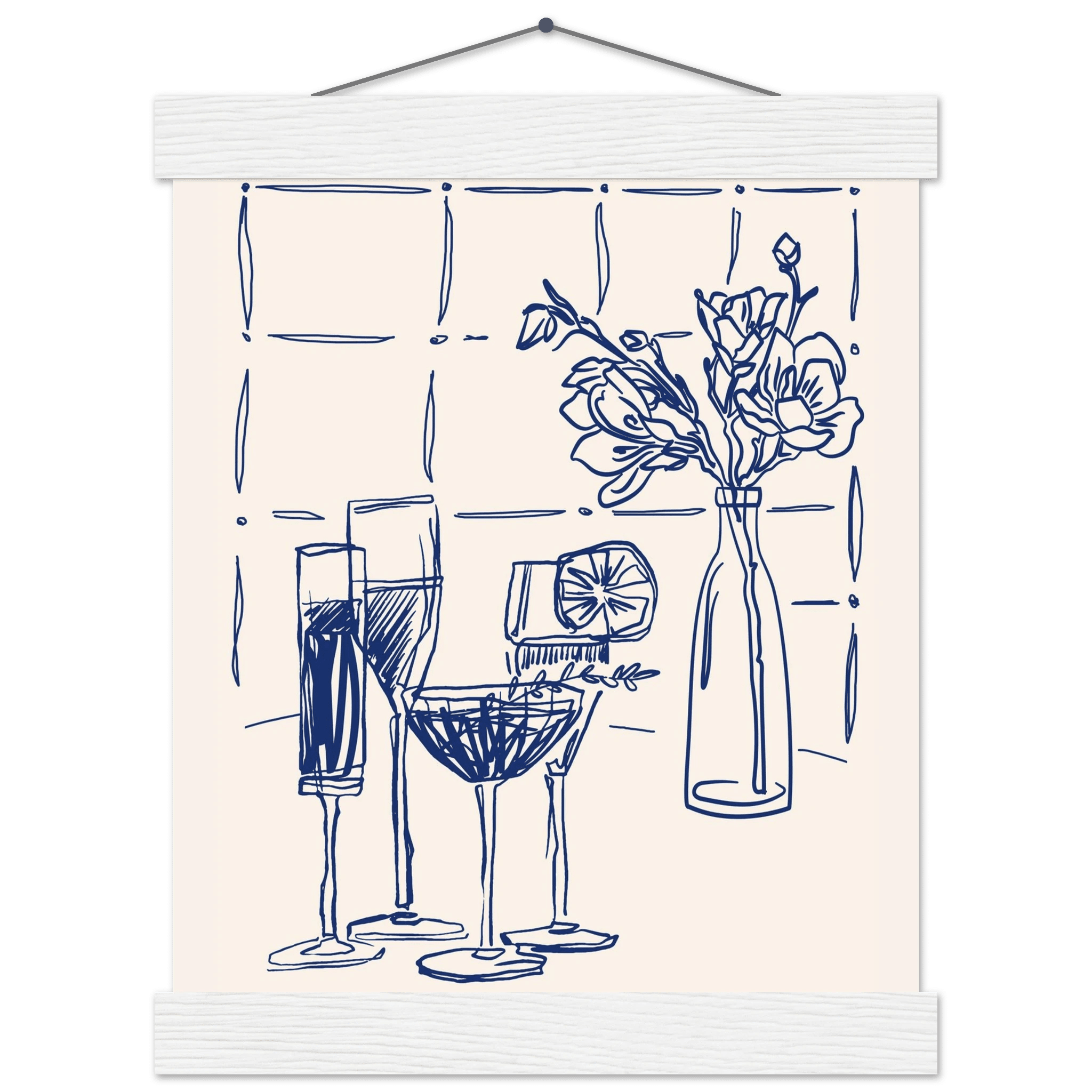 Cocktails & Flowers Print | Navy Blue Line Art Drinks Wall Art | Kitchen Bar Poster - Evergreen Posters