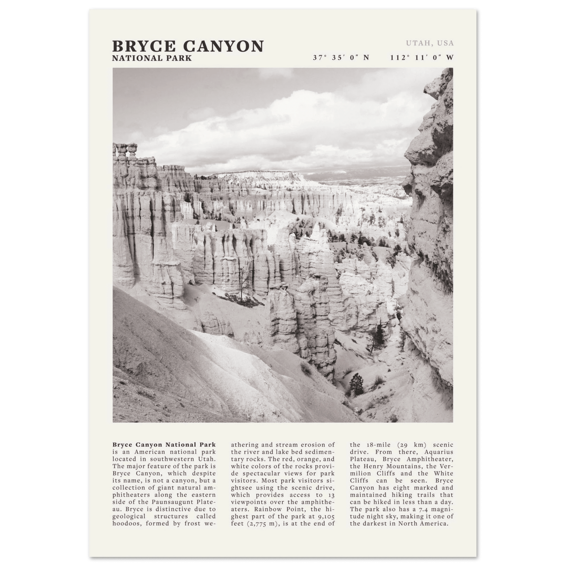 Bryce Canyon National Park Poster | Black & White Utah Hoodoos Wall Art Print - Evergreen Posters - 10