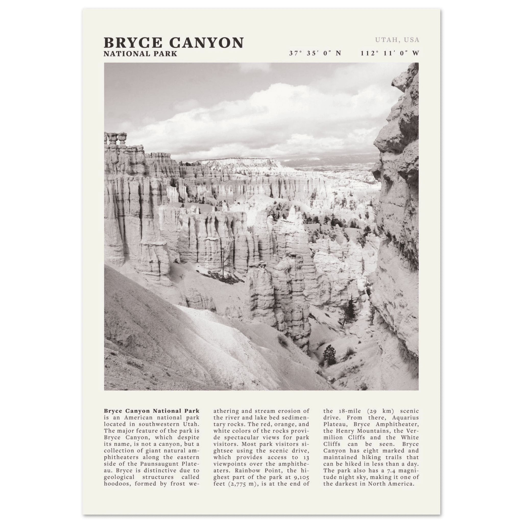 Bryce Canyon National Park Poster | Black & White Utah Hoodoos Wall Art Print - Evergreen Posters - 10