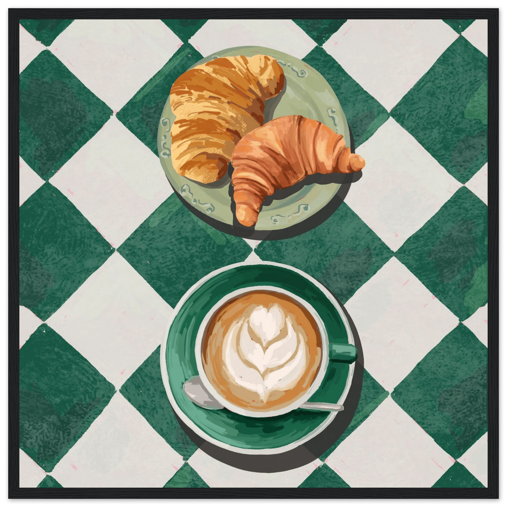 Croissant & Latte Poster | Classic Kitchen Wall Art | Green Tile Square Breakfast Print - Evergreen Posters - 24