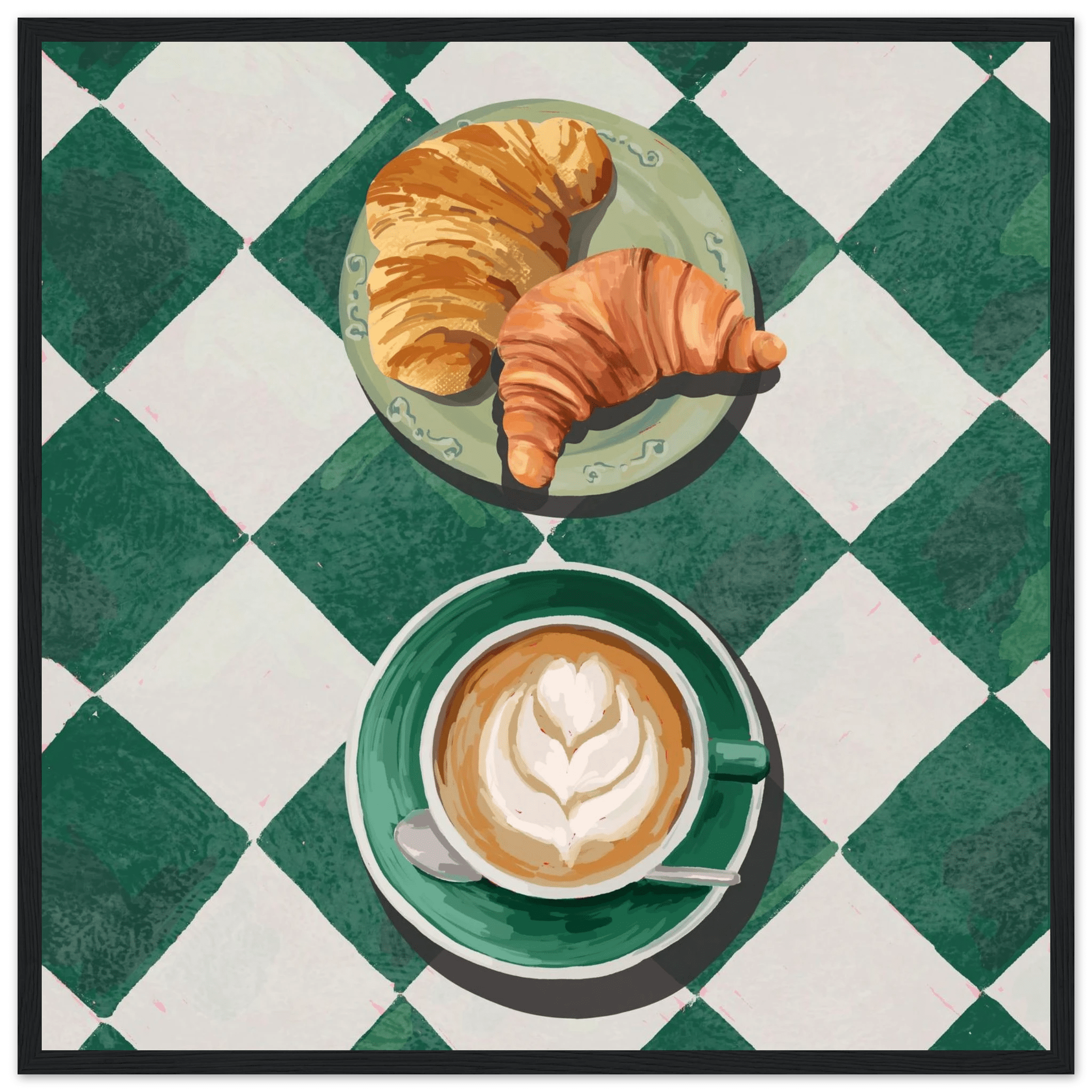 Croissant & Latte Poster | Classic Kitchen Wall Art | Green Tile Square Breakfast Print - Evergreen Posters - 24