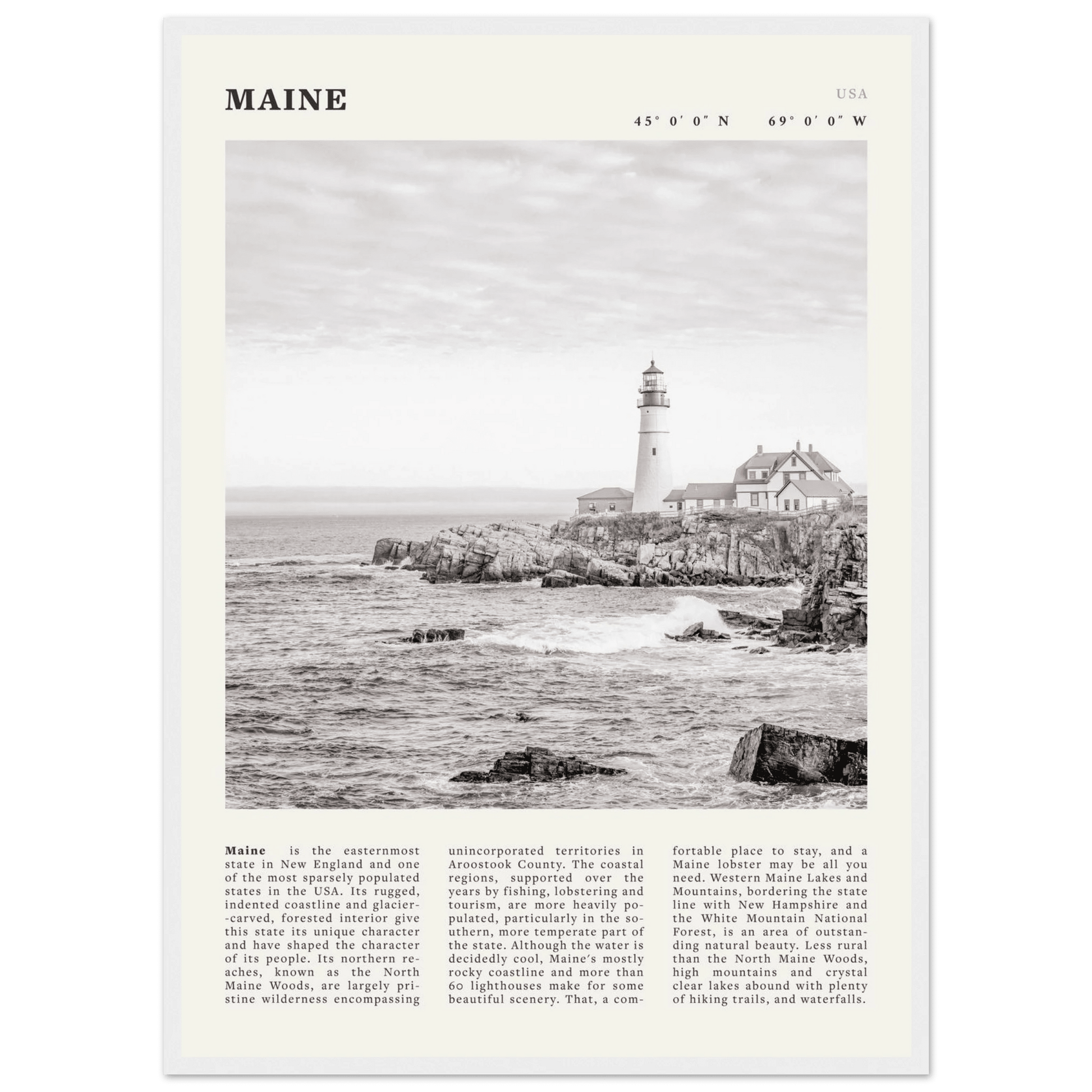 Maine Poster | Black & White Lighthouse Wall Art | New England Coastal Travel Print - Evergreen Posters