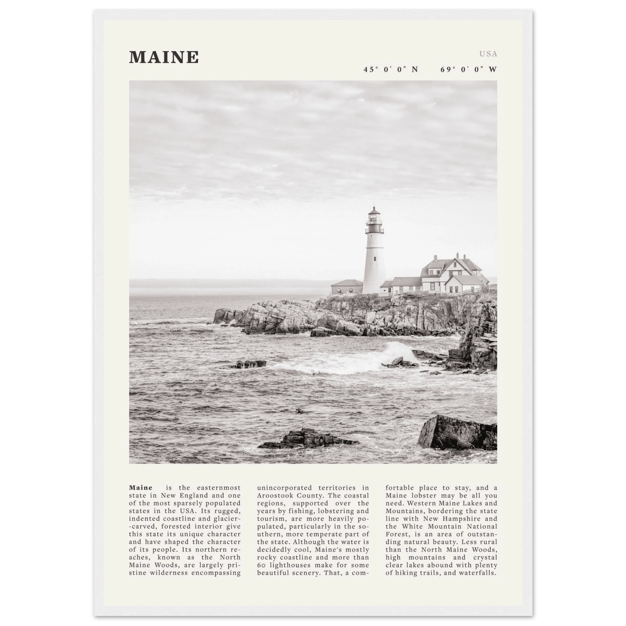 Maine Poster | Black & White Lighthouse Wall Art | New England Coastal Travel Print - Evergreen Posters
