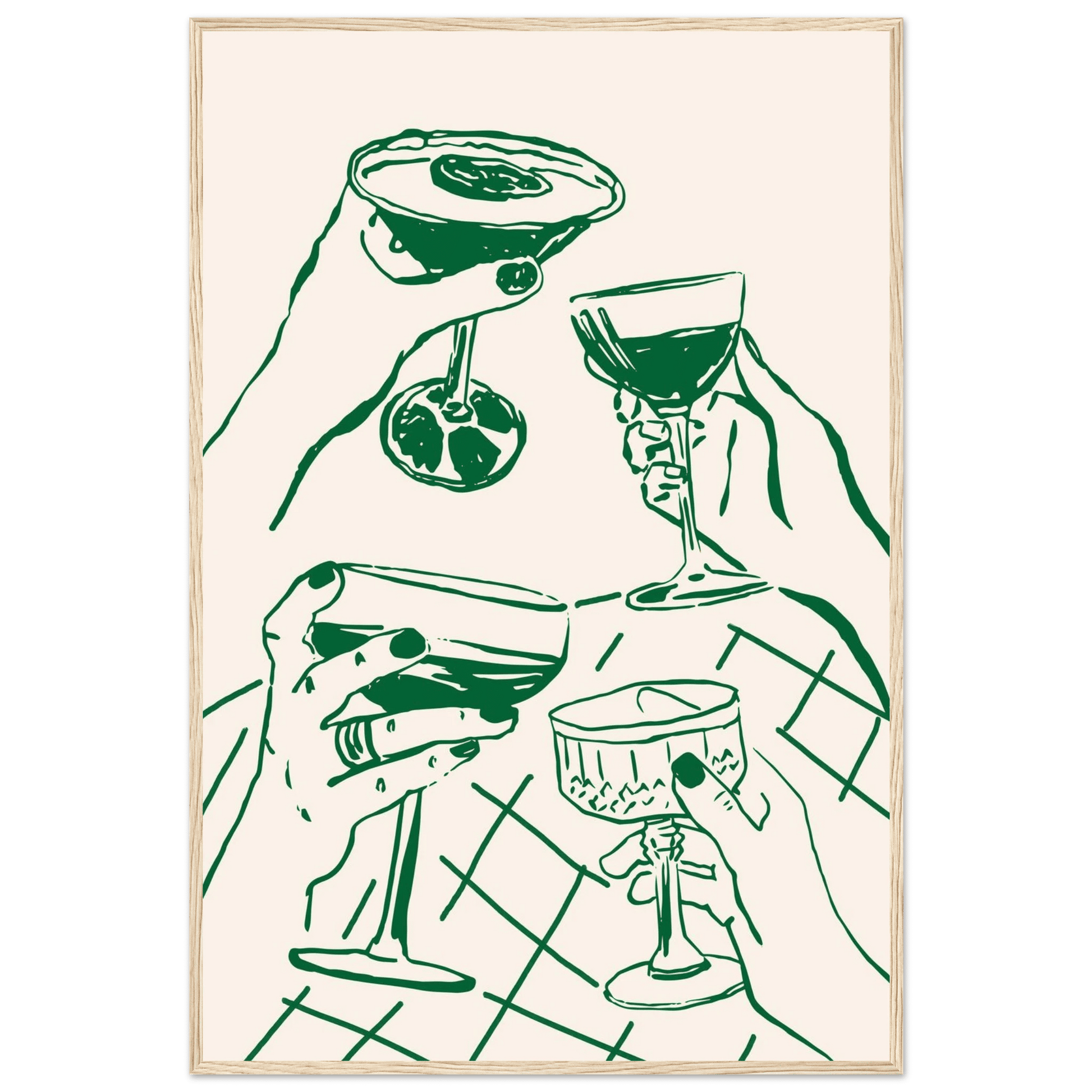 Cheers Print | Forest Green Cocktail Glasses Wall Art | Kitchen Bar Poster - Evergreen Posters