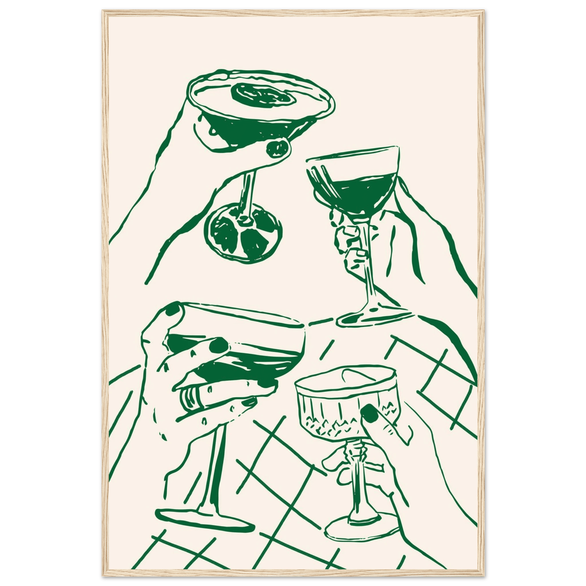 Cheers Print | Forest Green Cocktail Glasses Wall Art | Kitchen Bar Poster - Evergreen Posters