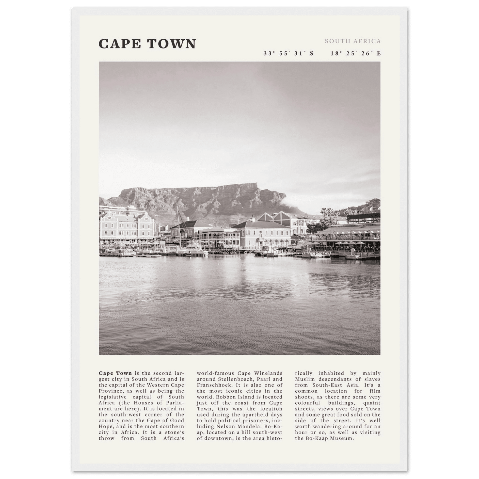 Cape Town Poster | Black & White Table Mountain Wall Art | South Africa Travel Print - Evergreen Posters