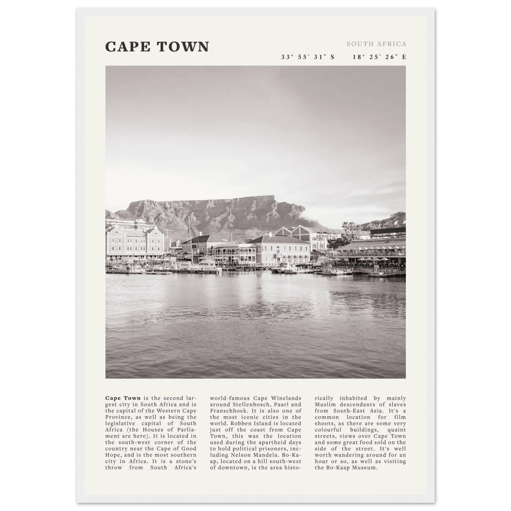 Cape Town Poster | Black & White Table Mountain Wall Art | South Africa Travel Print - Evergreen Posters