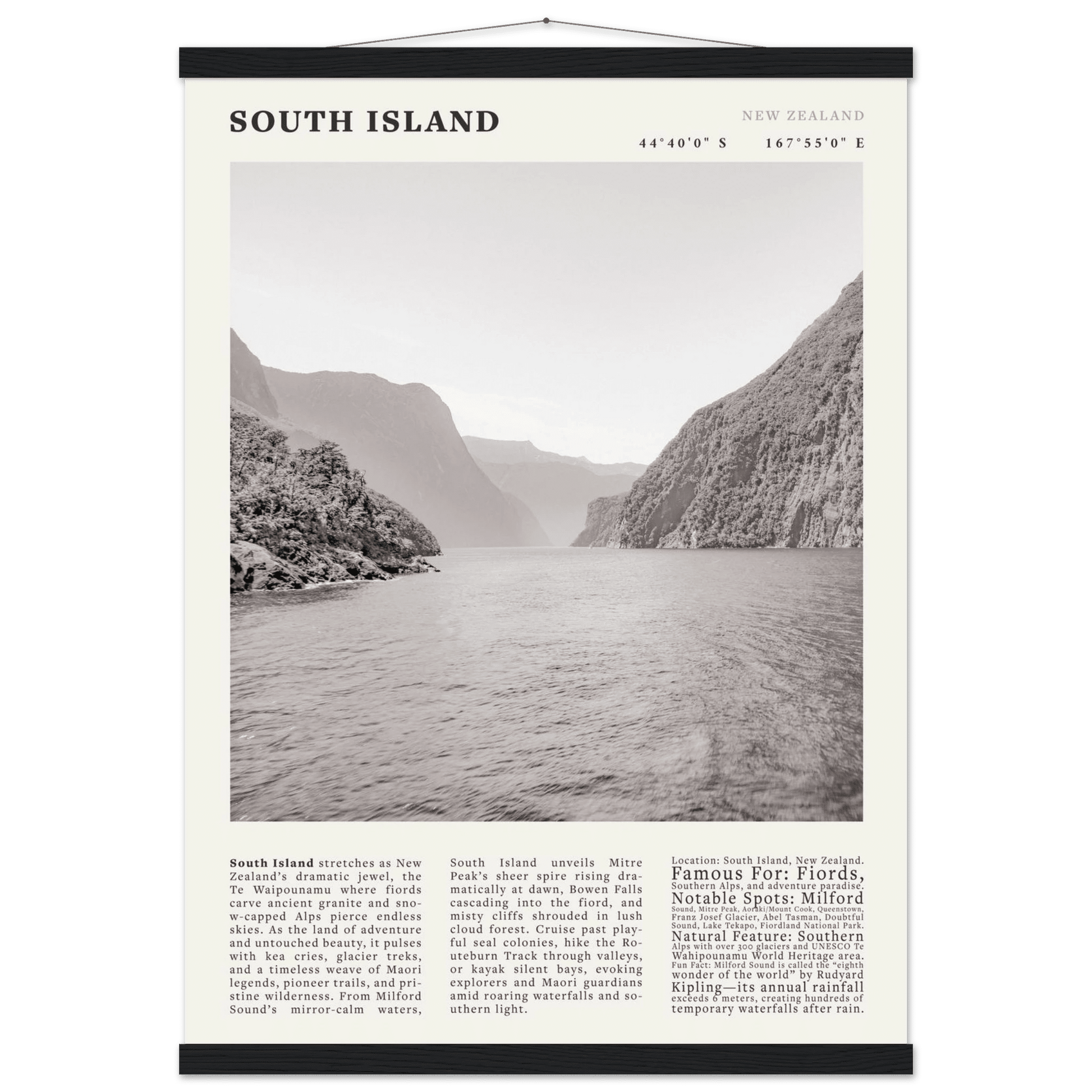 South Island New Zealand Poster Black and White – Vintage Milford Sound Fjord Print - Evergreen Posters