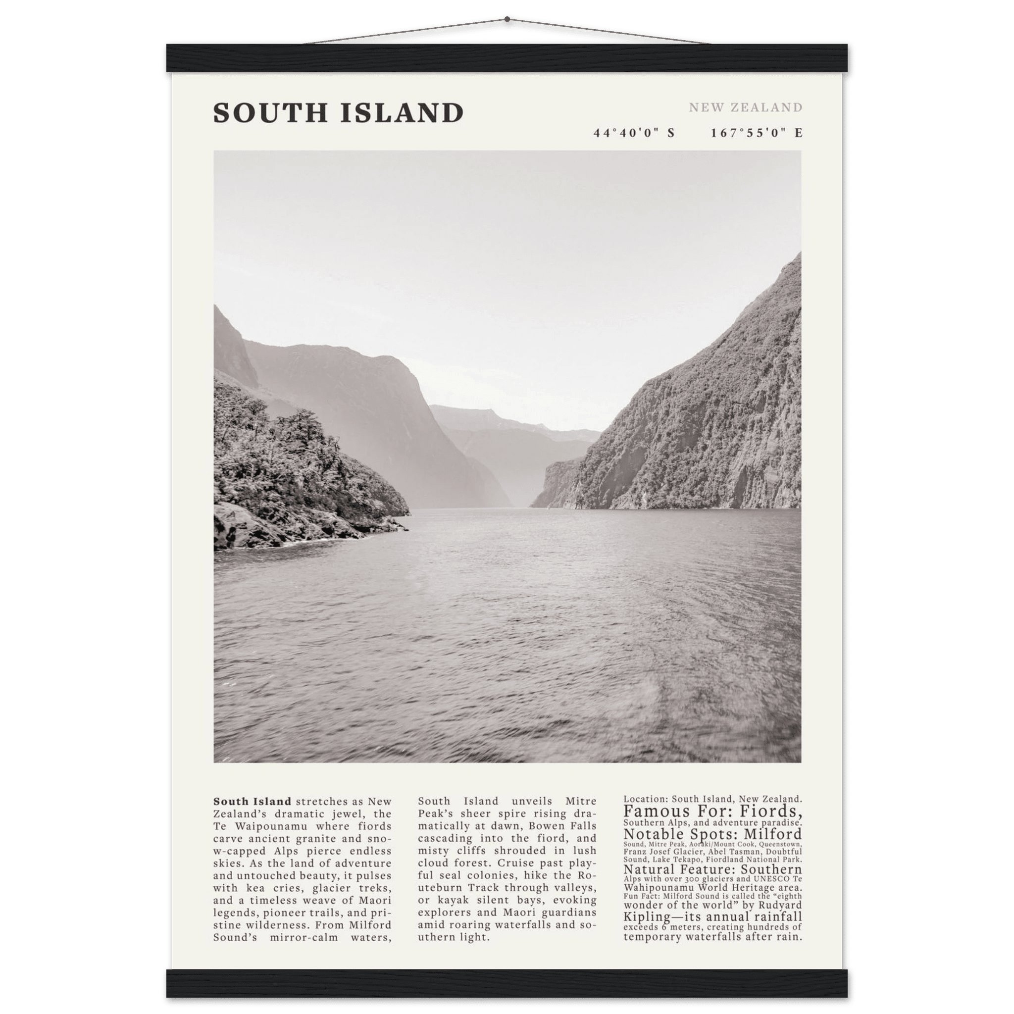 South Island New Zealand Poster Black and White – Vintage Milford Sound Fjord Print - Evergreen Posters