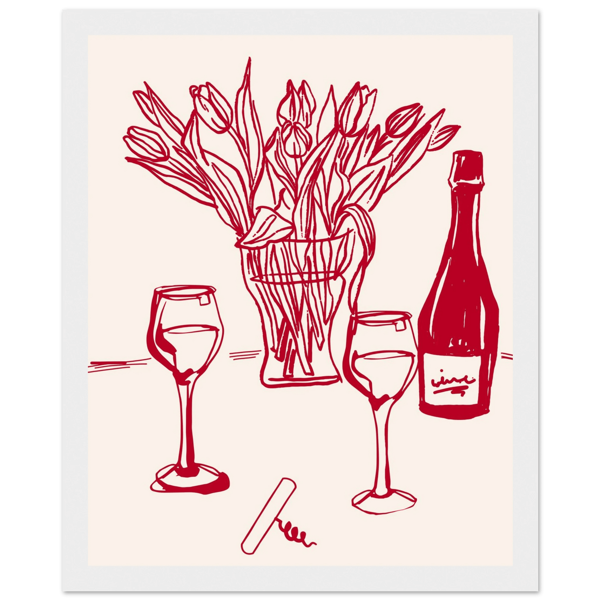 Red Wine & Tulips Print | Line Art Wine Bottle Wall Art | Kitchen Poster - Evergreen Posters