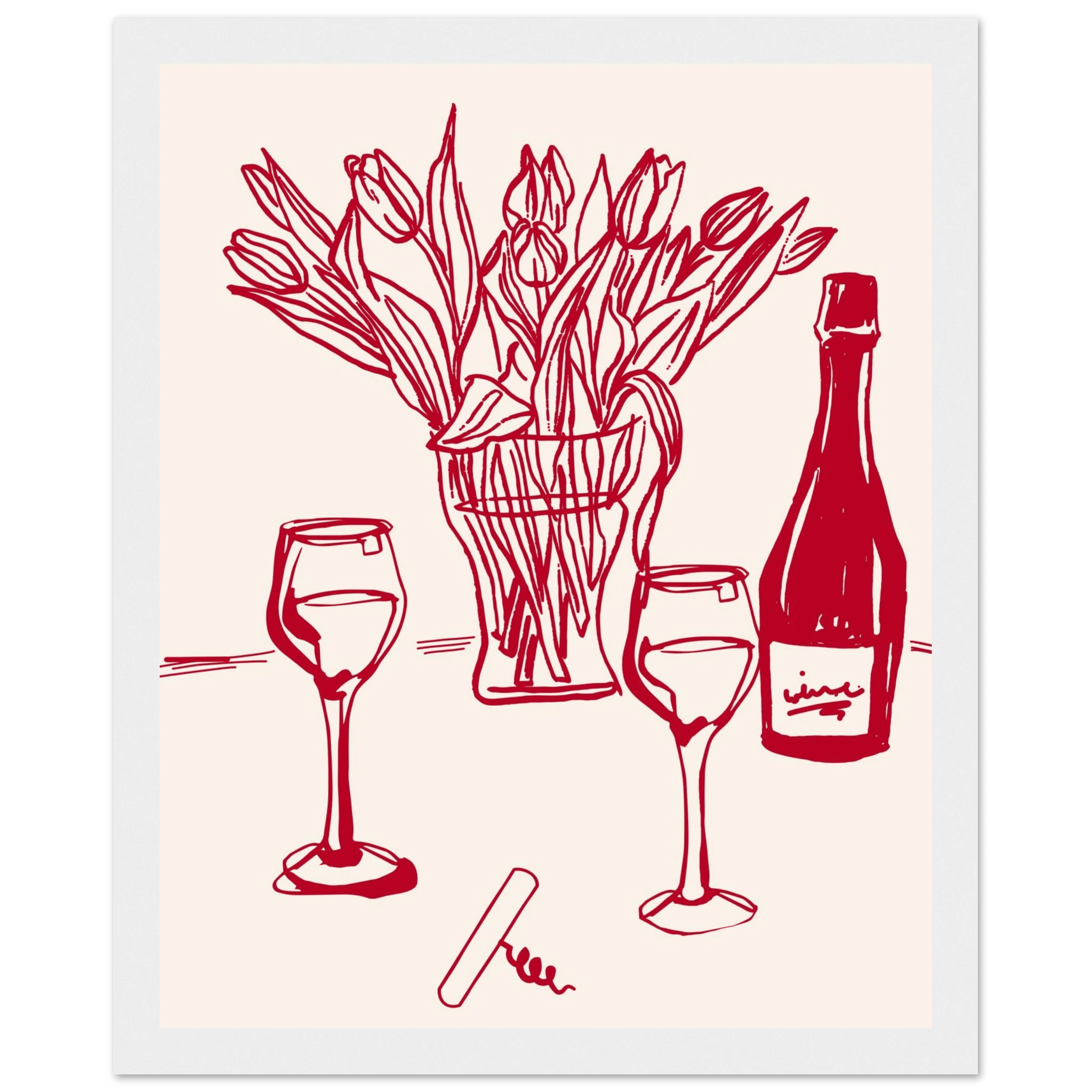 Red Wine & Tulips Print | Line Art Wine Bottle Wall Art | Kitchen Poster - Evergreen Posters