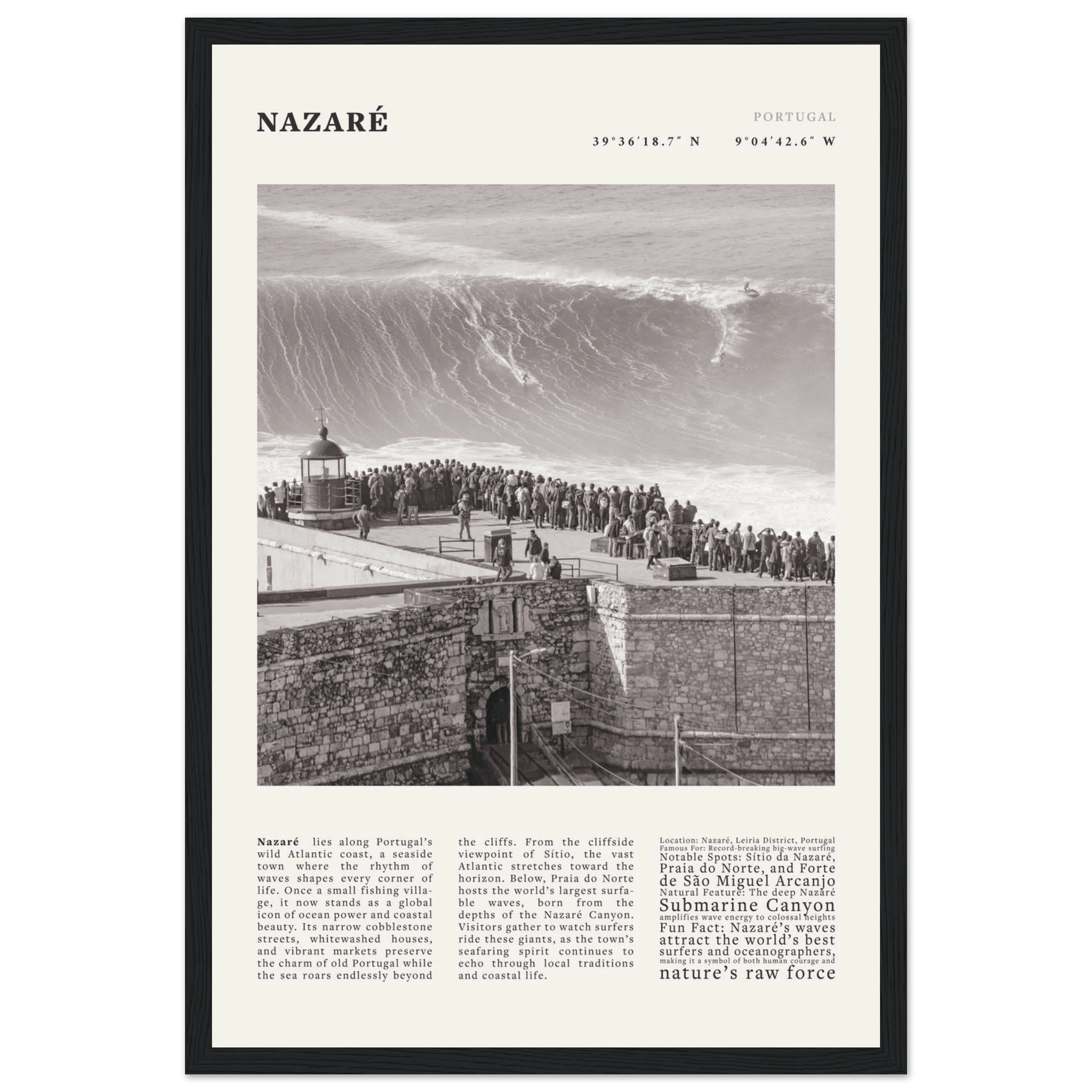 Nazaré Portugal Poster Black and White – Vintage Big Waves Surf Print (Digital & Printed Options) - Evergreen Posters