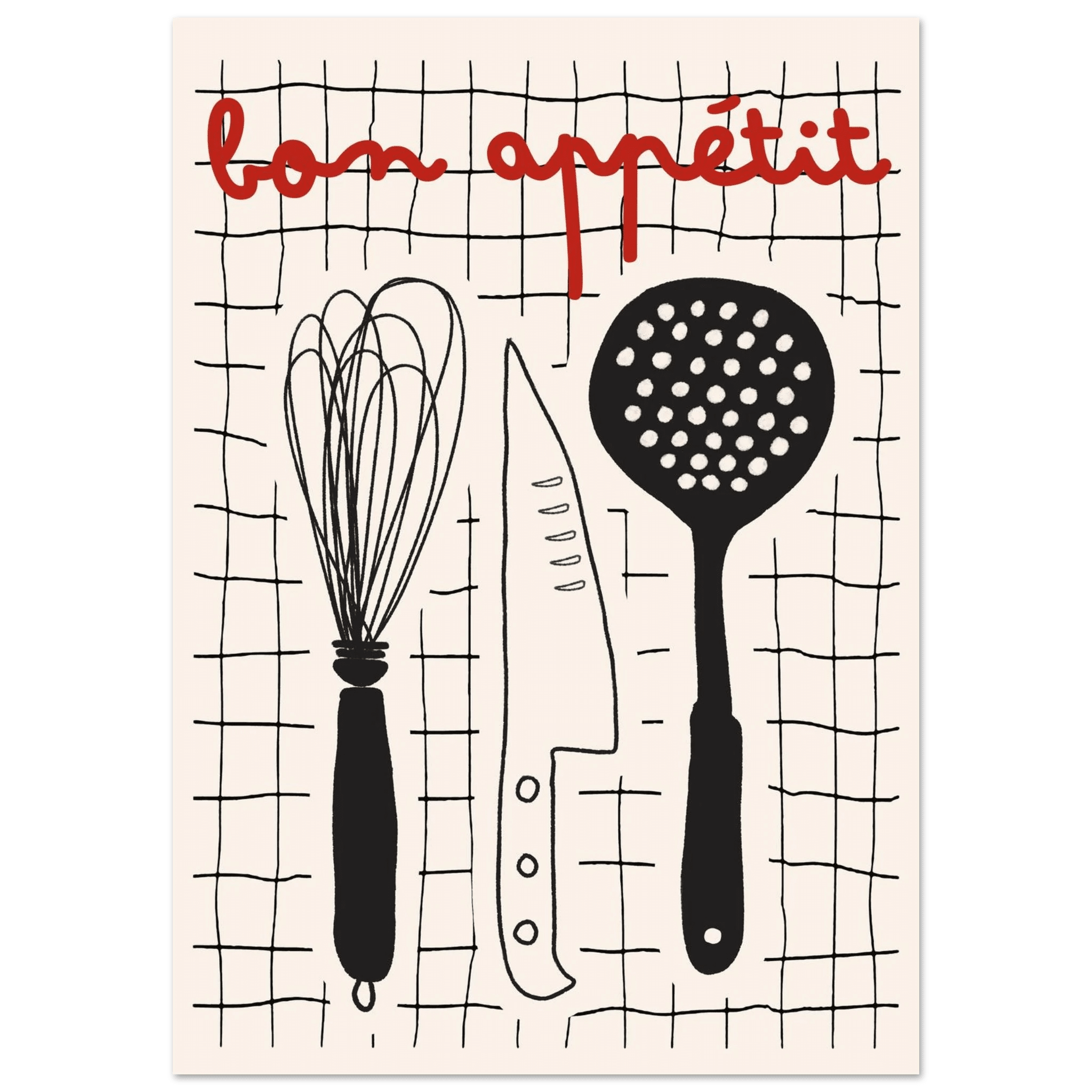 Bon Appétit French Kitchen Print | Bold Black Red Wall Art Poster - Evergreen Posters