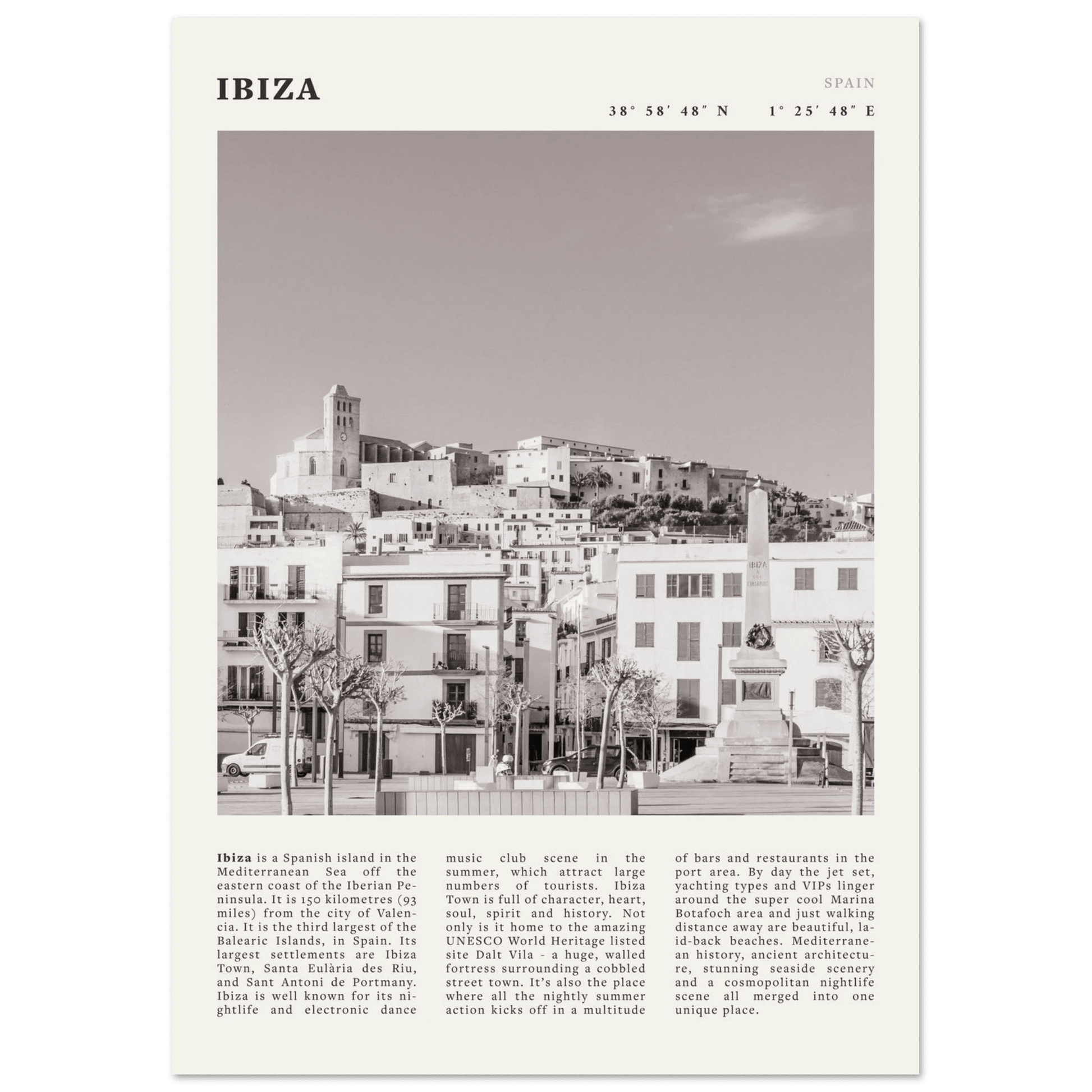 Ibiza Poster | Black & White Spanish Island Wall Art | Spain Travel Print - Evergreen Posters