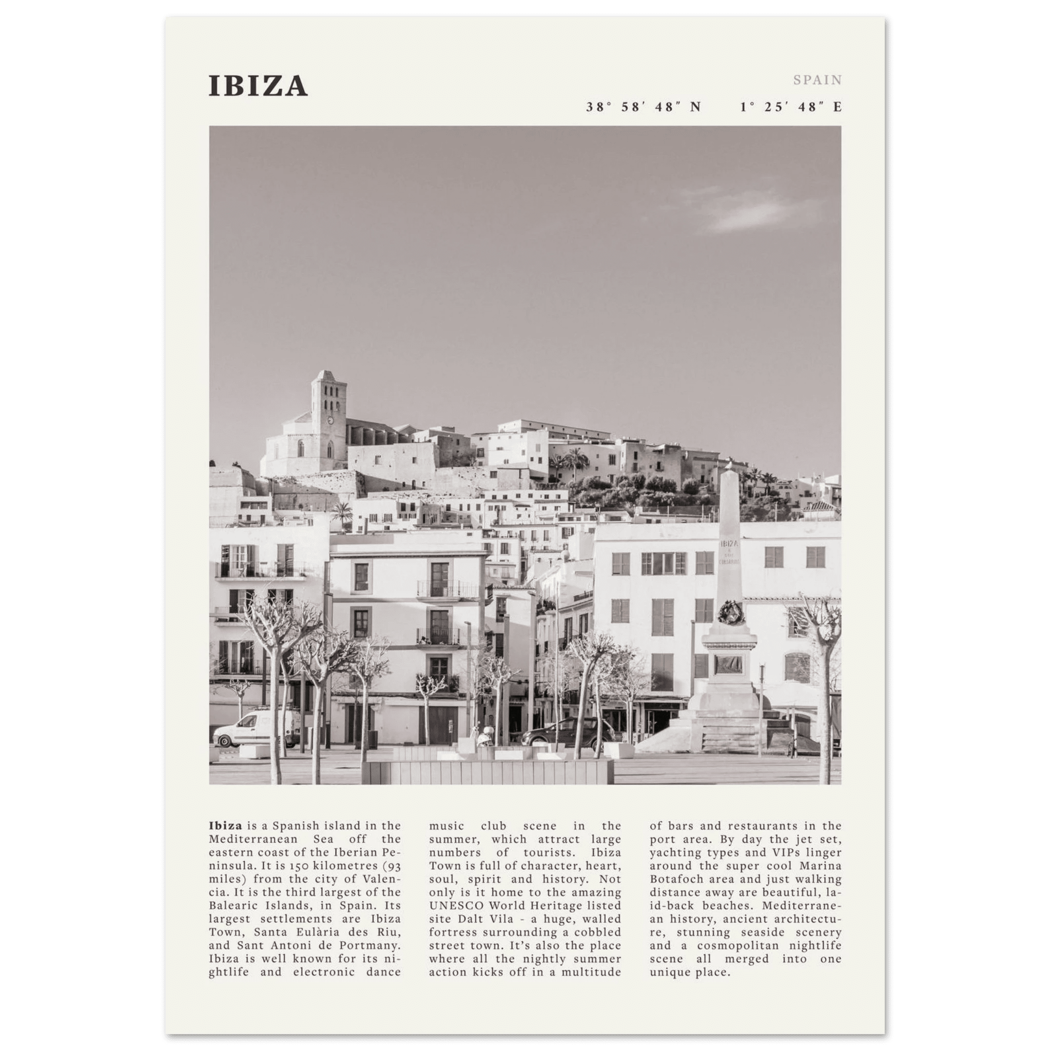 Ibiza Poster | Black & White Spanish Island Wall Art | Spain Travel Print - Evergreen Posters