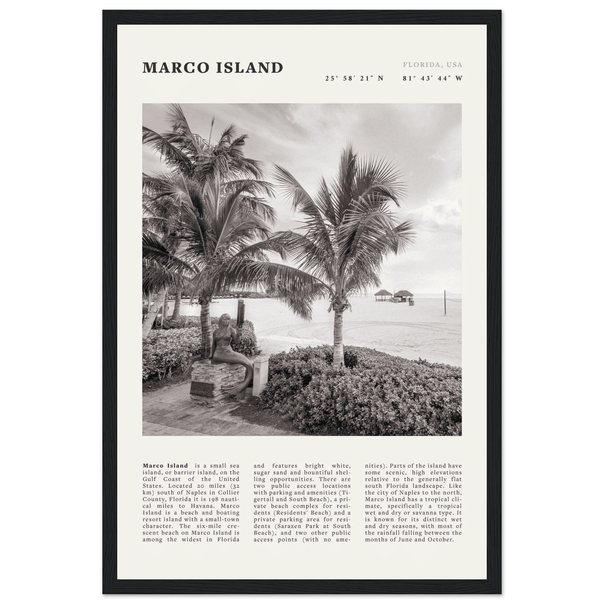 Marco Island Poster | Black & White Florida Beach Wall Art | Coastal Travel Print - Evergreen Posters