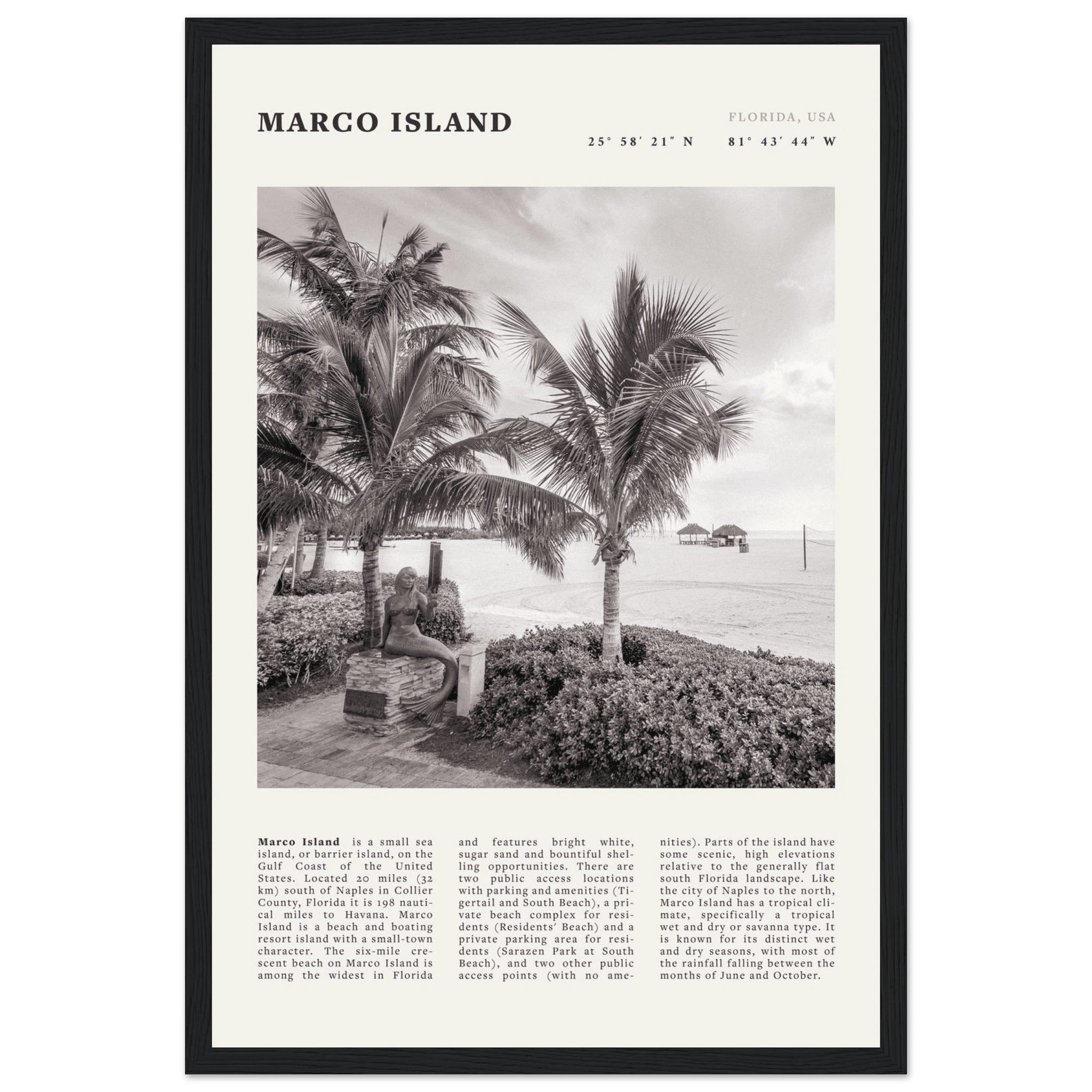 Marco Island Poster | Black & White Florida Beach Wall Art | Coastal Travel Print - Evergreen Posters