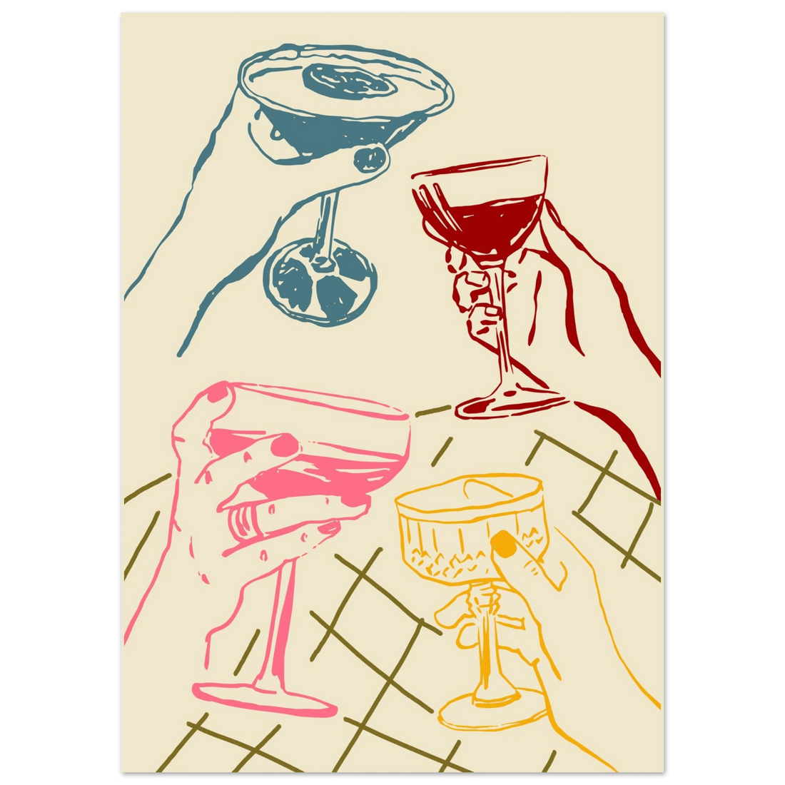 Cheers Print | Colourful Cocktail Glasses Wall Art | Kitchen Bar Poster - Evergreen Posters