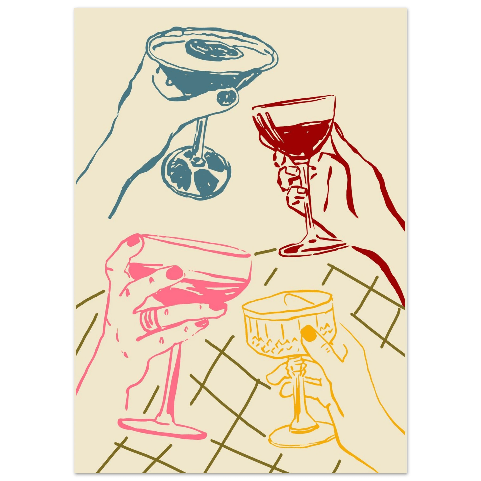 Cheers Print | Colourful Cocktail Glasses Wall Art | Kitchen Bar Poster - Evergreen Posters