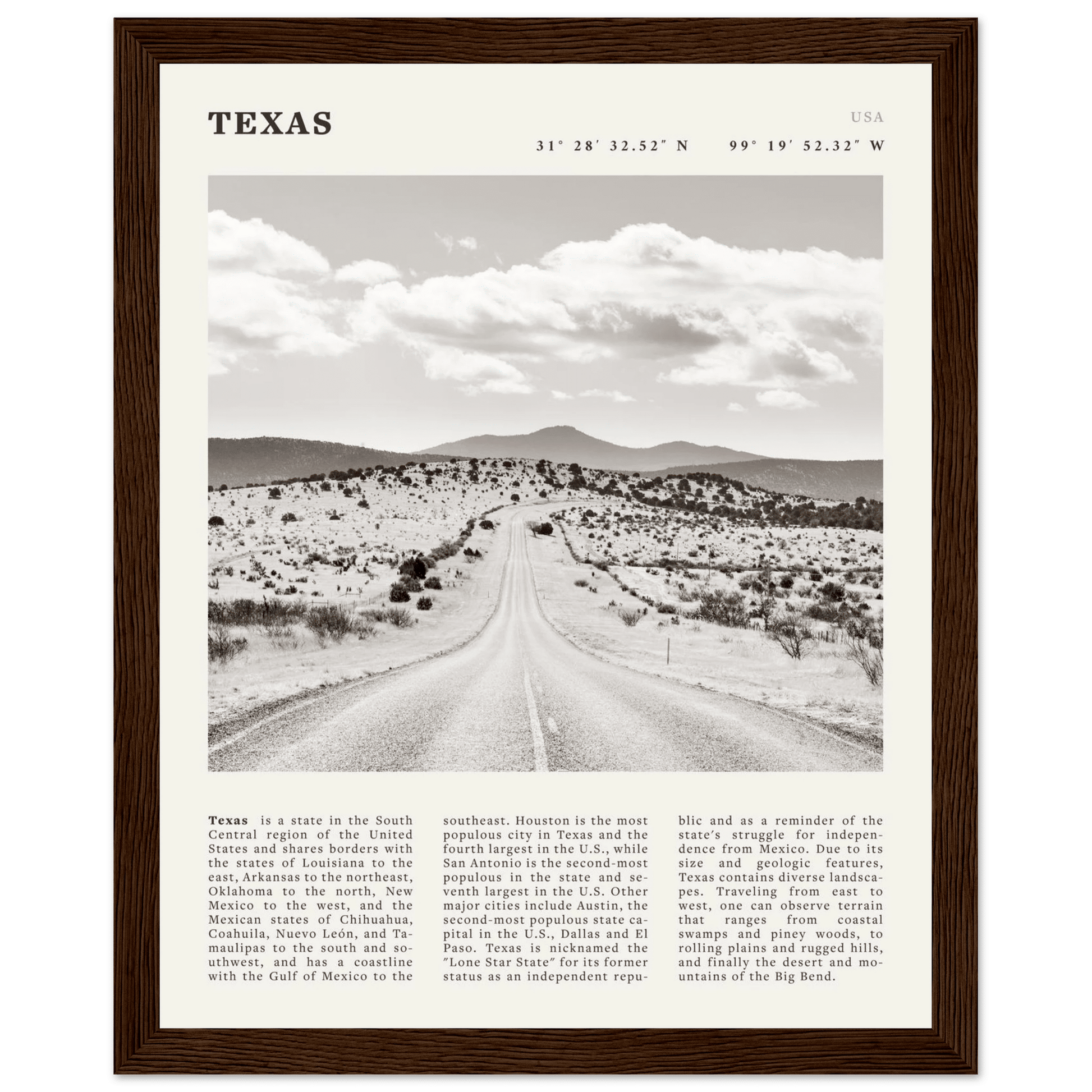 Texas Poster | Black & White Lone Star Road Wall Art | USA Travel Print Decor - Evergreen Posters