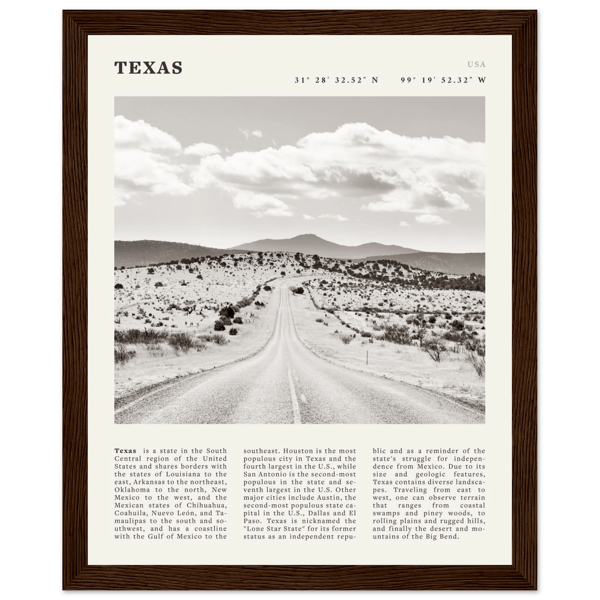 Texas Poster | Black & White Lone Star Road Wall Art | USA Travel Print Decor - Evergreen Posters