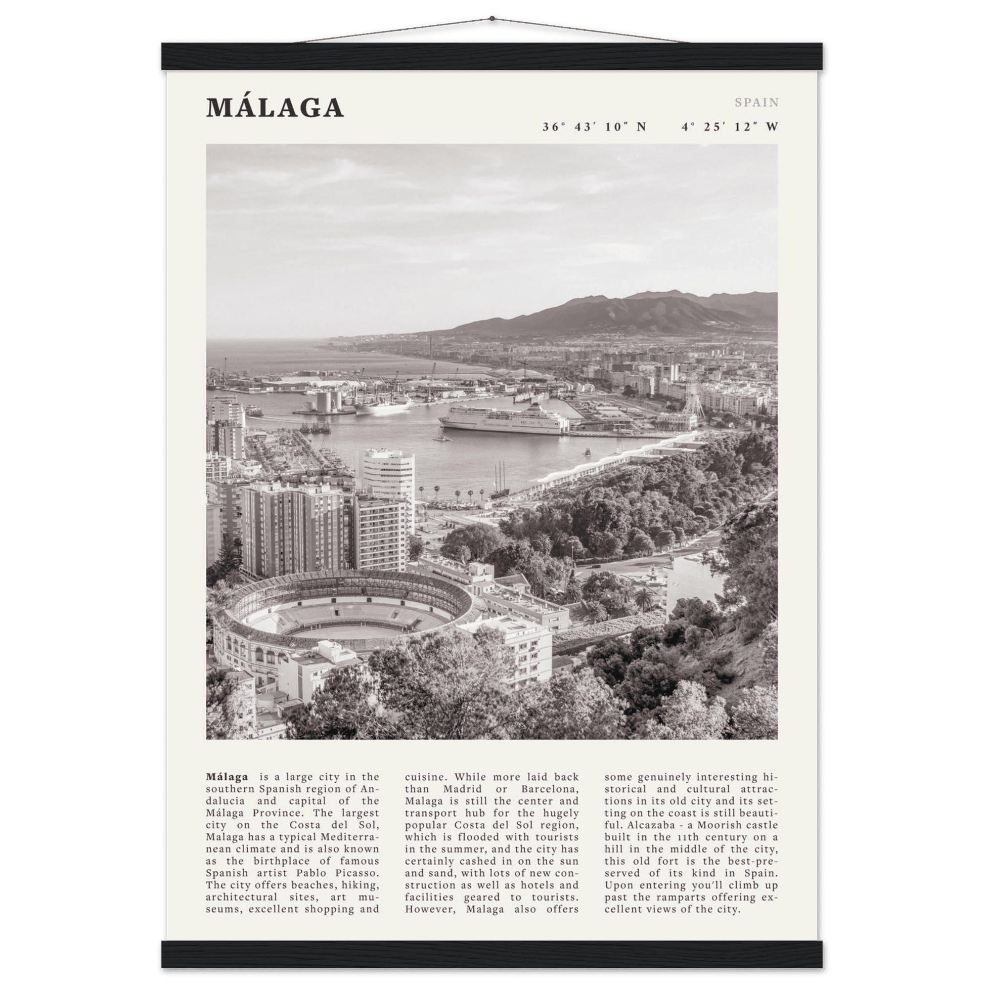 Málaga Poster | Black & White Costa del Sol Wall Art | Spain Travel Print - Evergreen Posters