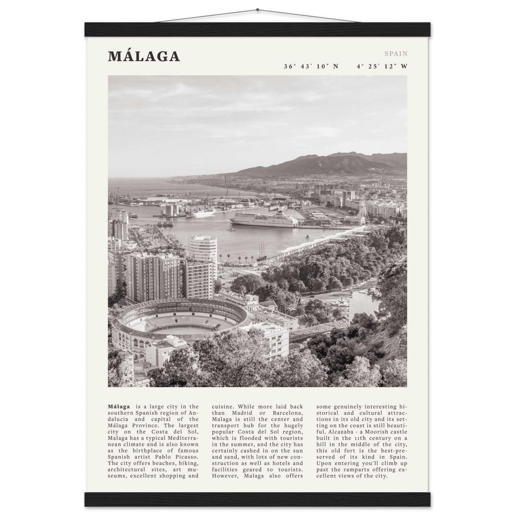 Málaga Poster | Black & White Costa del Sol Wall Art | Spain Travel Print - Evergreen Posters