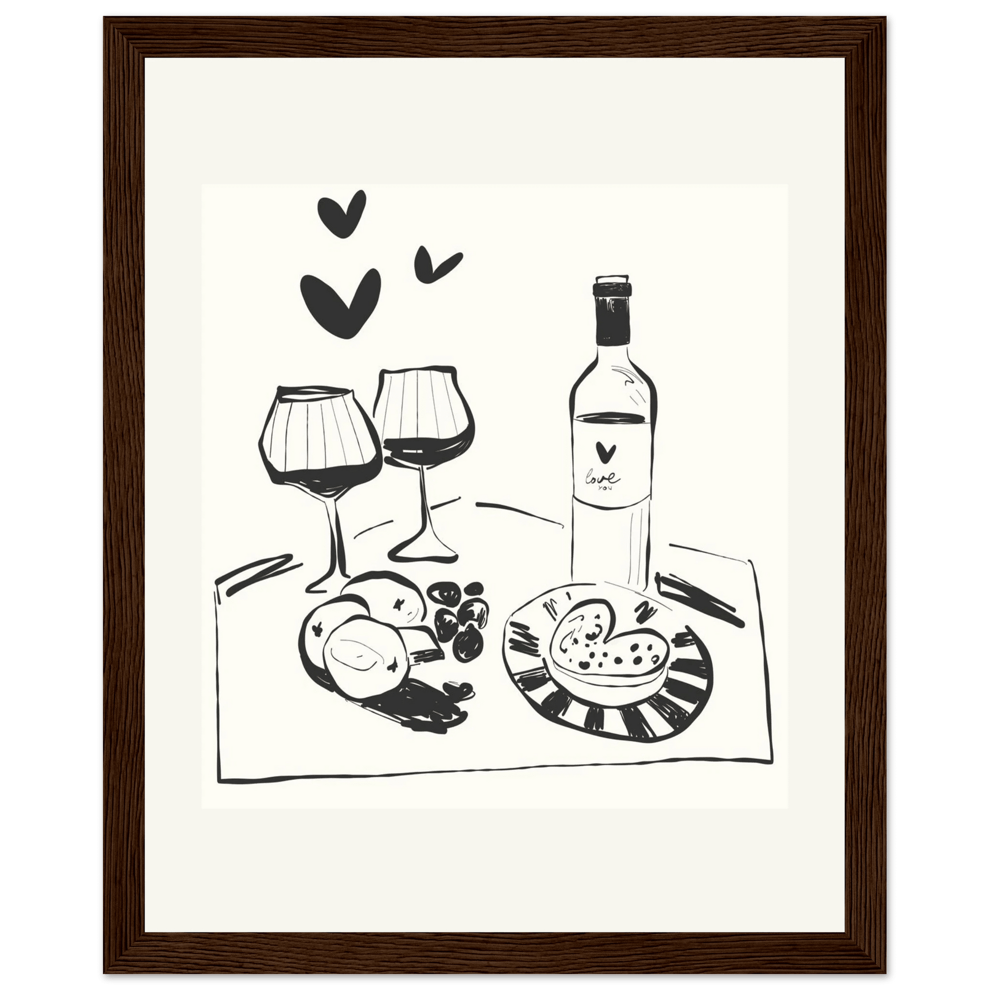 Wine for Two Print | Black Line Art Romantic Kitchen Wall Art | Couples Poster - Evergreen Posters