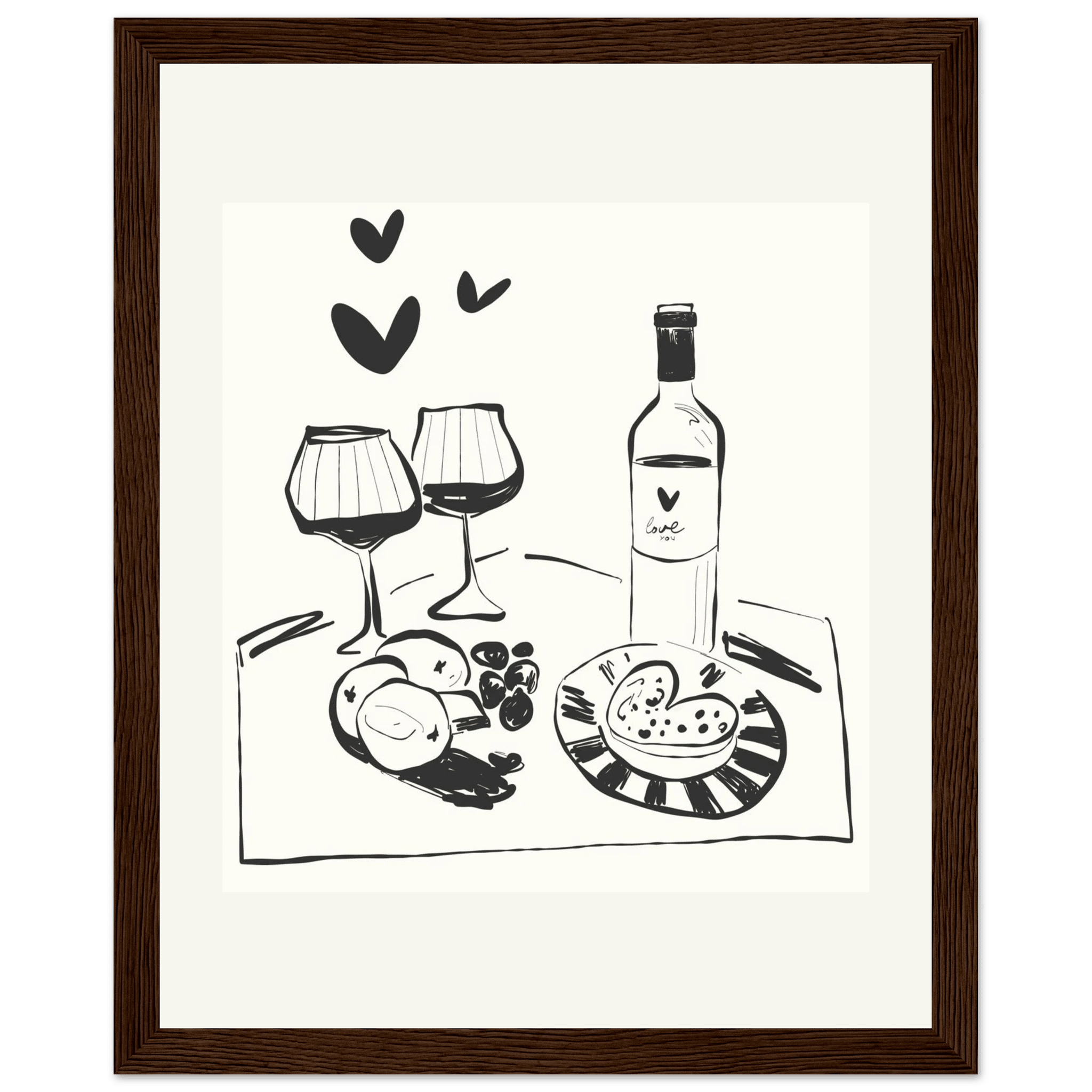 Wine for Two Print | Black Line Art Romantic Kitchen Wall Art | Couples Poster - Evergreen Posters