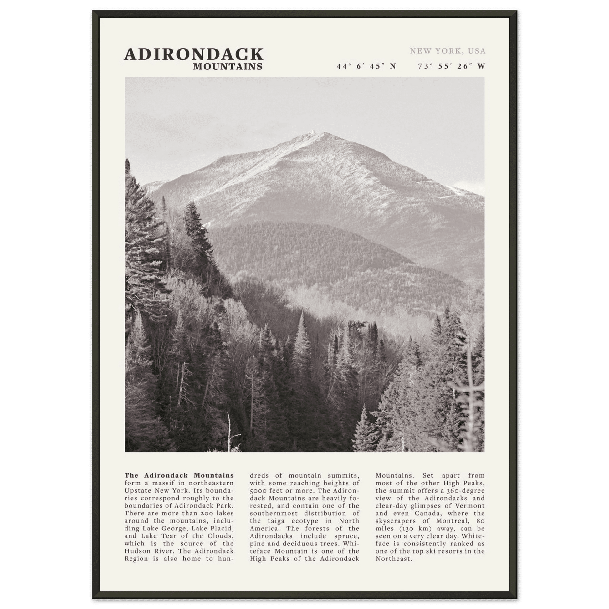 Adirondack Mountains Poster | Black & White New York Nature Wall Art | Hiking Print - Evergreen Posters