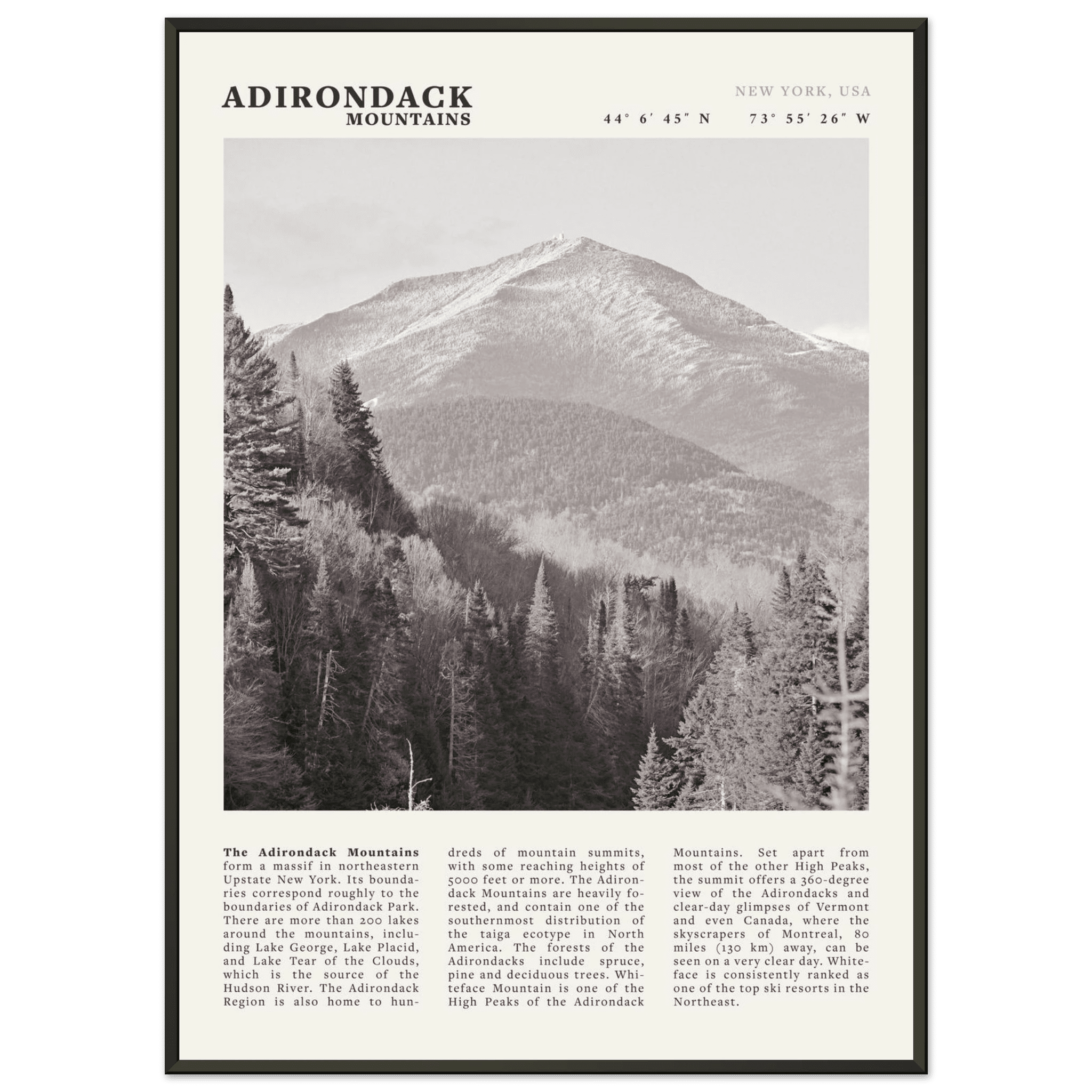 Adirondack Mountains Poster | Black & White New York Nature Wall Art | Hiking Print - Evergreen Posters