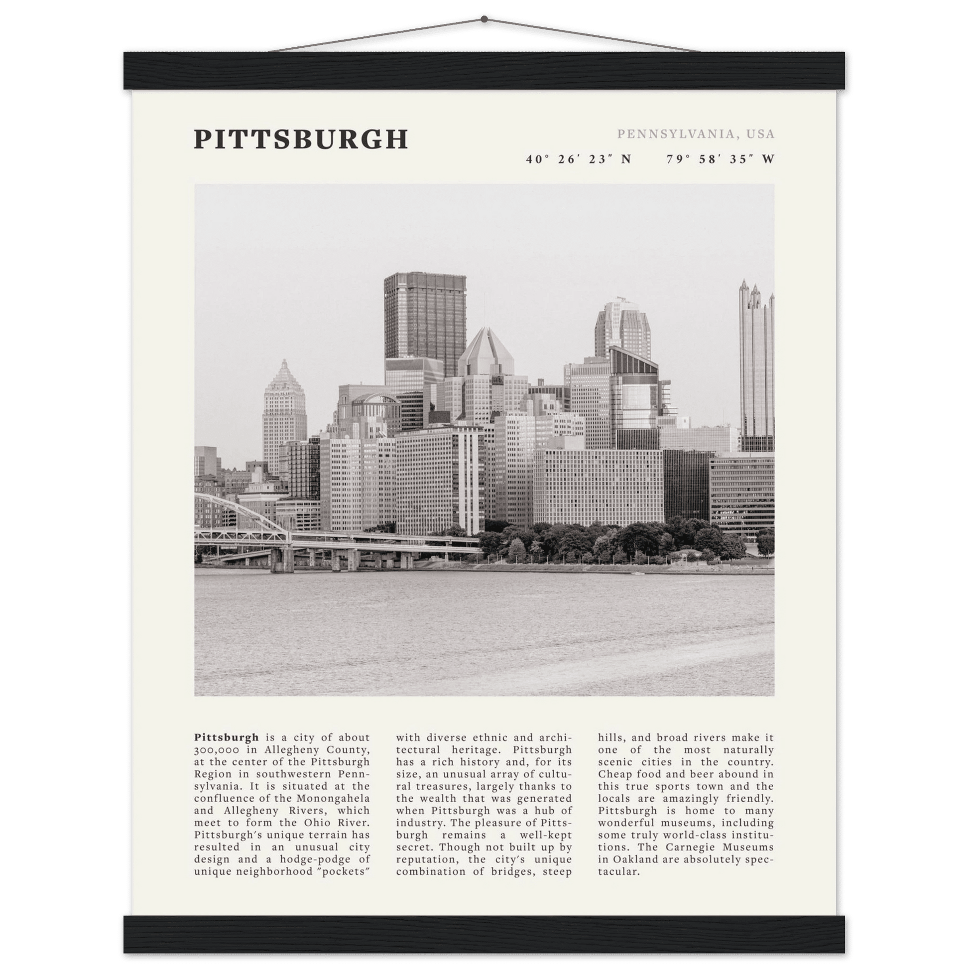 Pittsburgh Poster | Black & White Pennsylvania Skyline Wall Art | PA Travel Print - Evergreen Posters