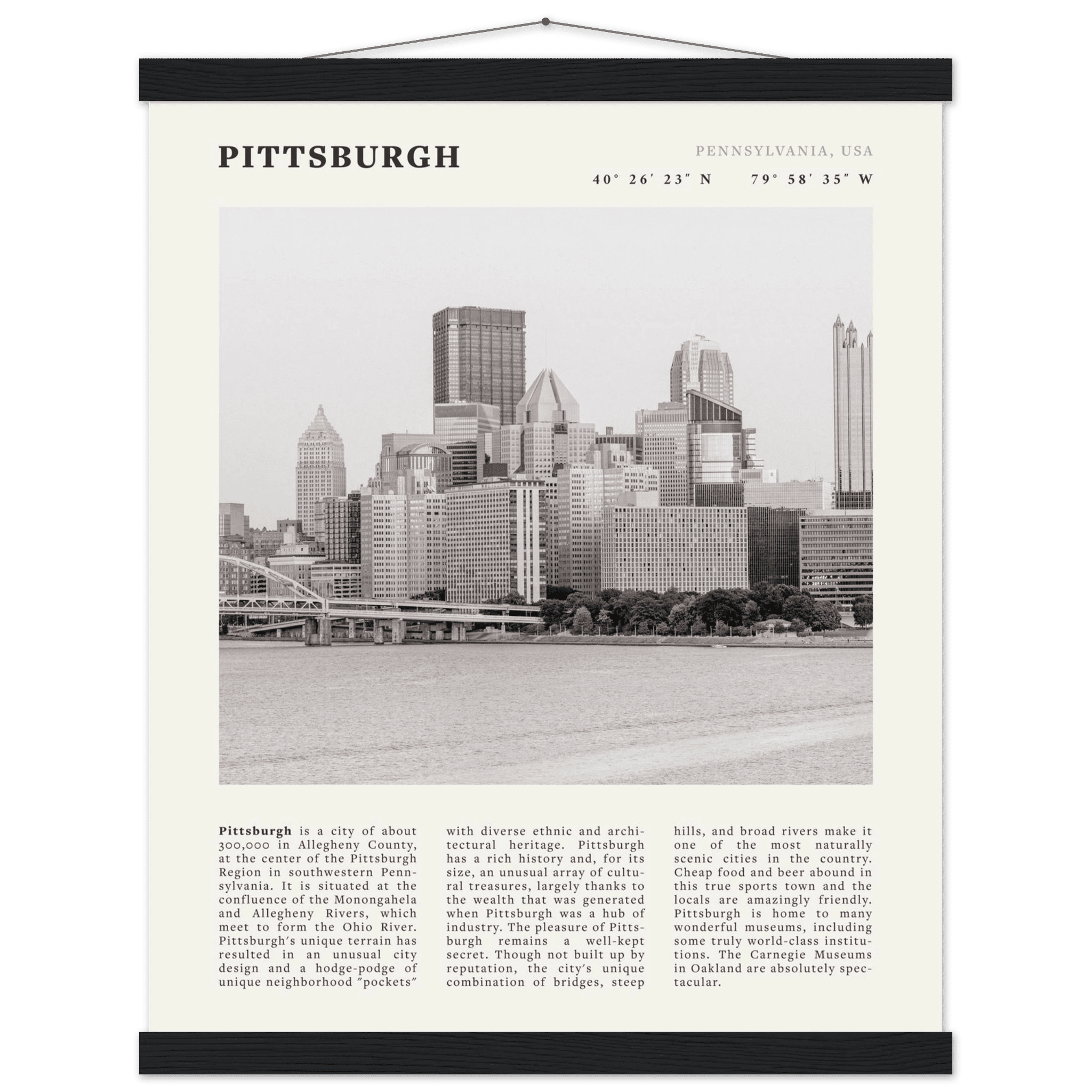 Pittsburgh Poster | Black & White Pennsylvania Skyline Wall Art | PA Travel Print - Evergreen Posters
