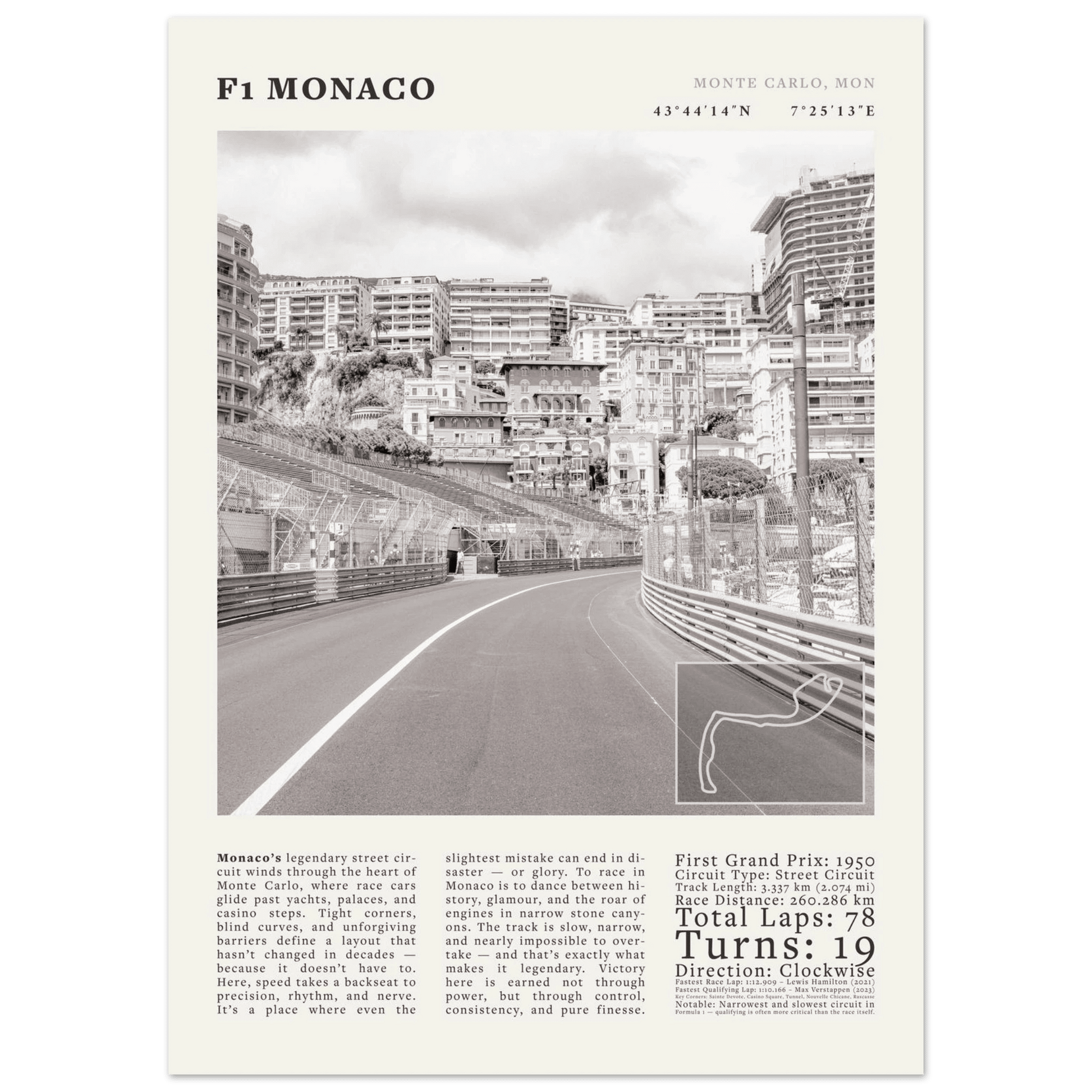 F1 Monaco Poster Black and White – Vintage Monte Carlo Street Circuit Print (Digital & Printed Options) - Evergreen Posters