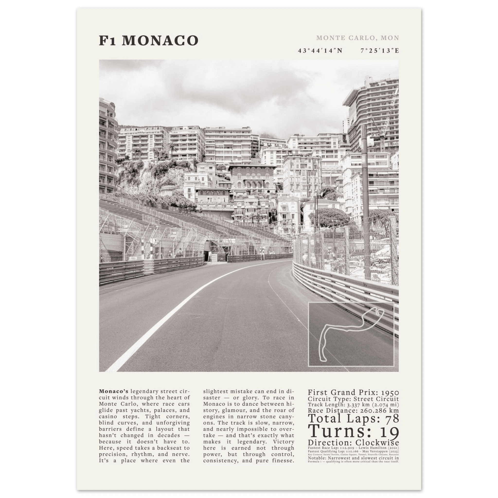 F1 Monaco Poster Black and White – Vintage Monte Carlo Street Circuit Print (Digital & Printed Options) - Evergreen Posters