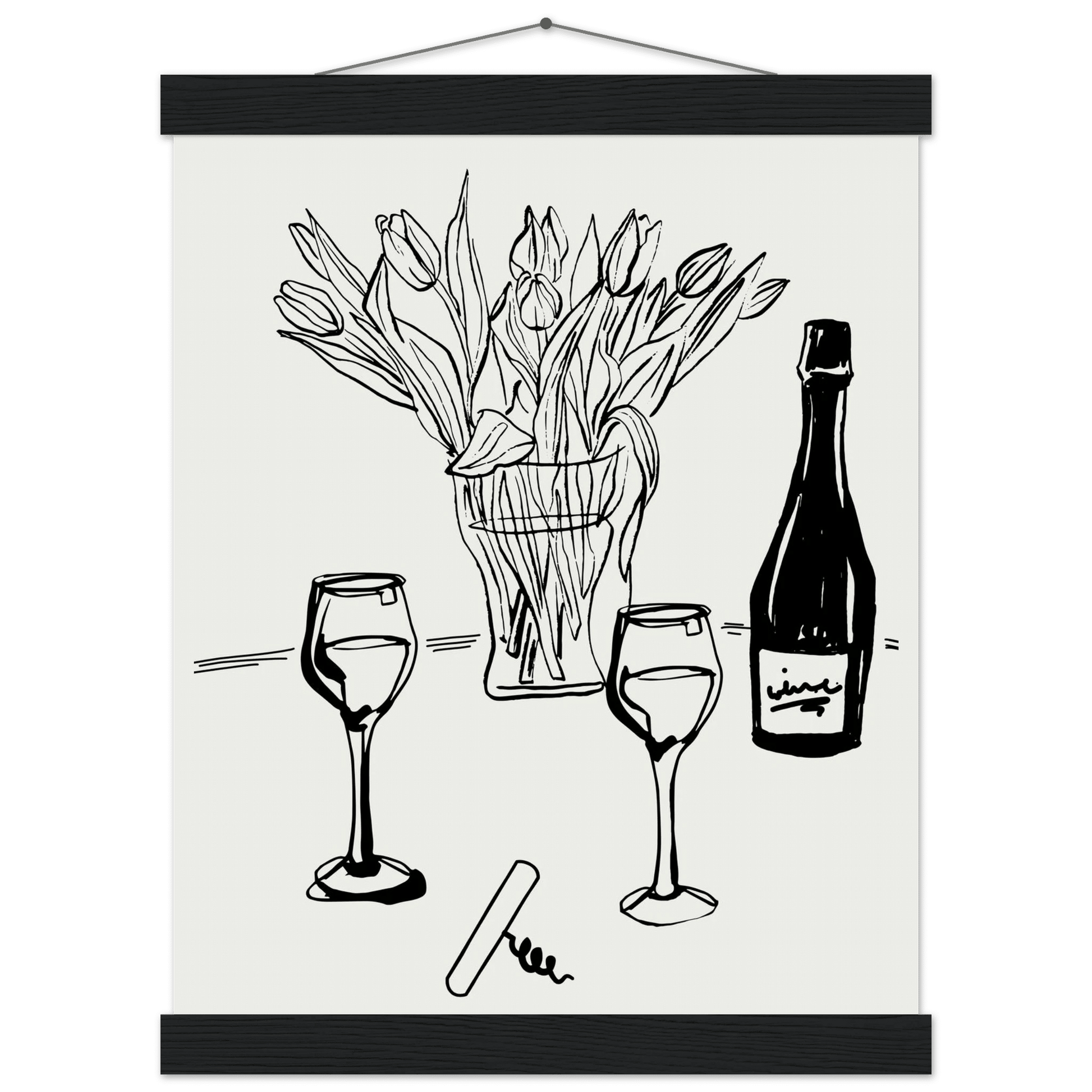 Wine & Tulips Print | Black Line Art Wine Bottle Wall Art | Minimalist Kitchen Poster - Evergreen Posters