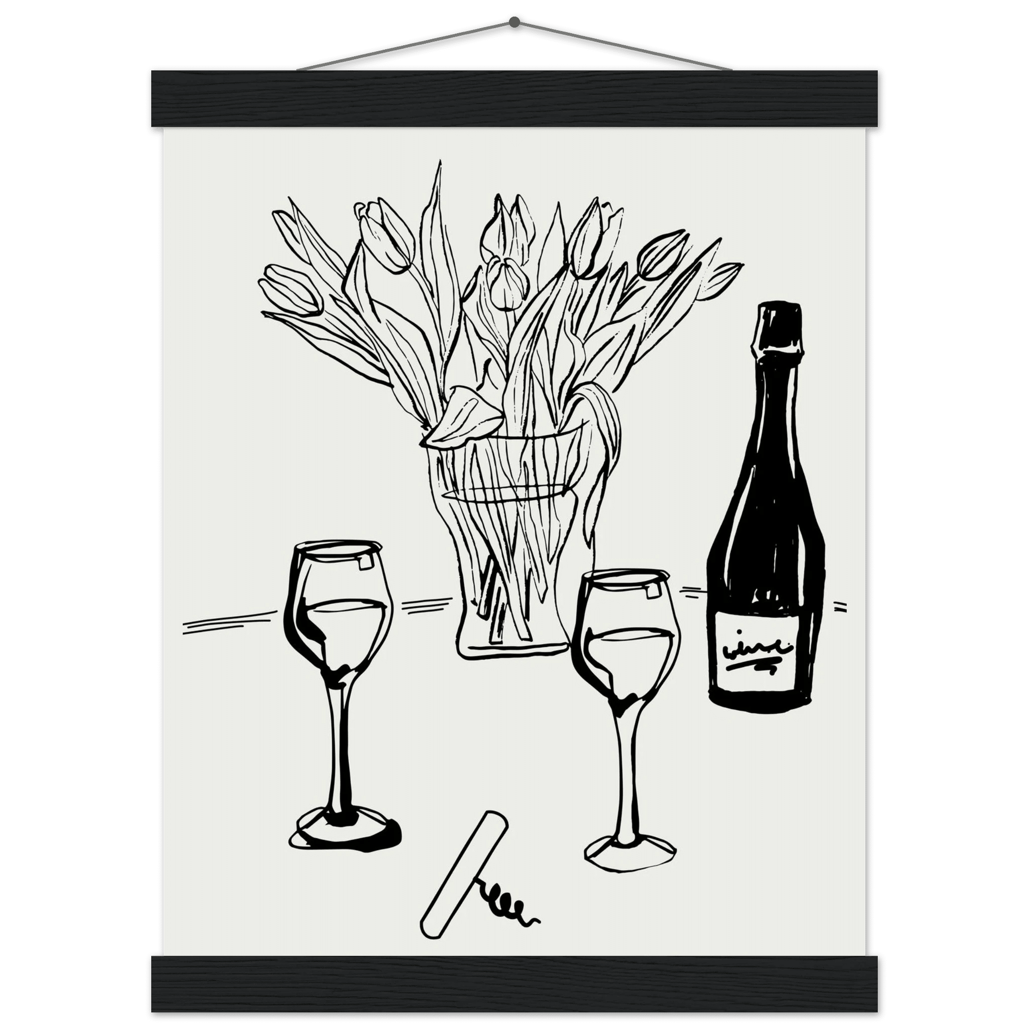 Wine & Tulips Print | Black Line Art Wine Bottle Wall Art | Minimalist Kitchen Poster - Evergreen Posters
